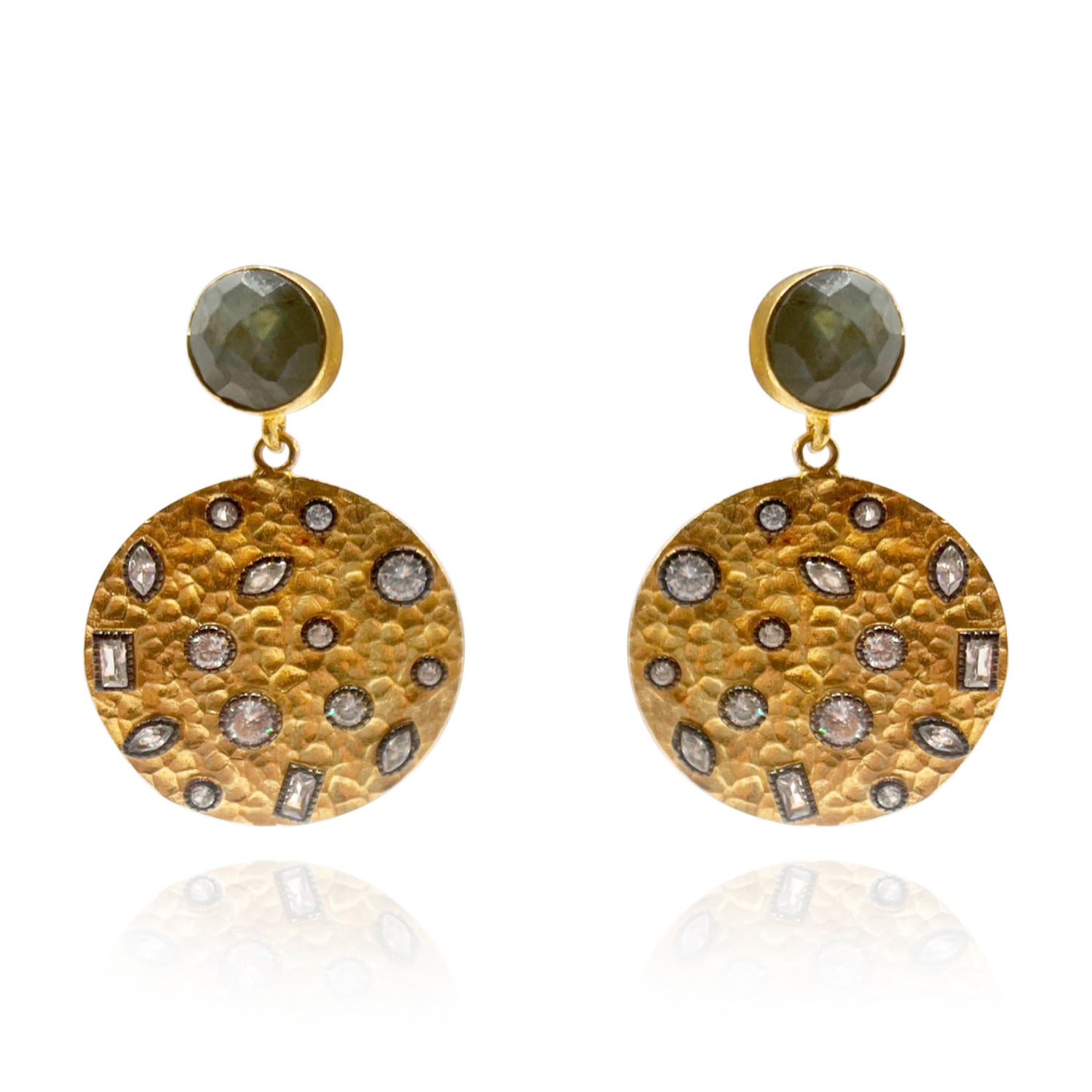 Women’s Gold / Grey Gold Plated Brass Disk Earrings With Cubic Zirconia Embellishments Michael Nash Jewelry