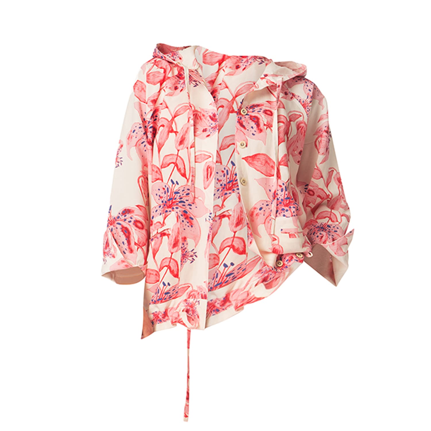 Haris Cotton Women's White Linen Blend Hooded Jacket With Drawstrings Red Lillies In White
