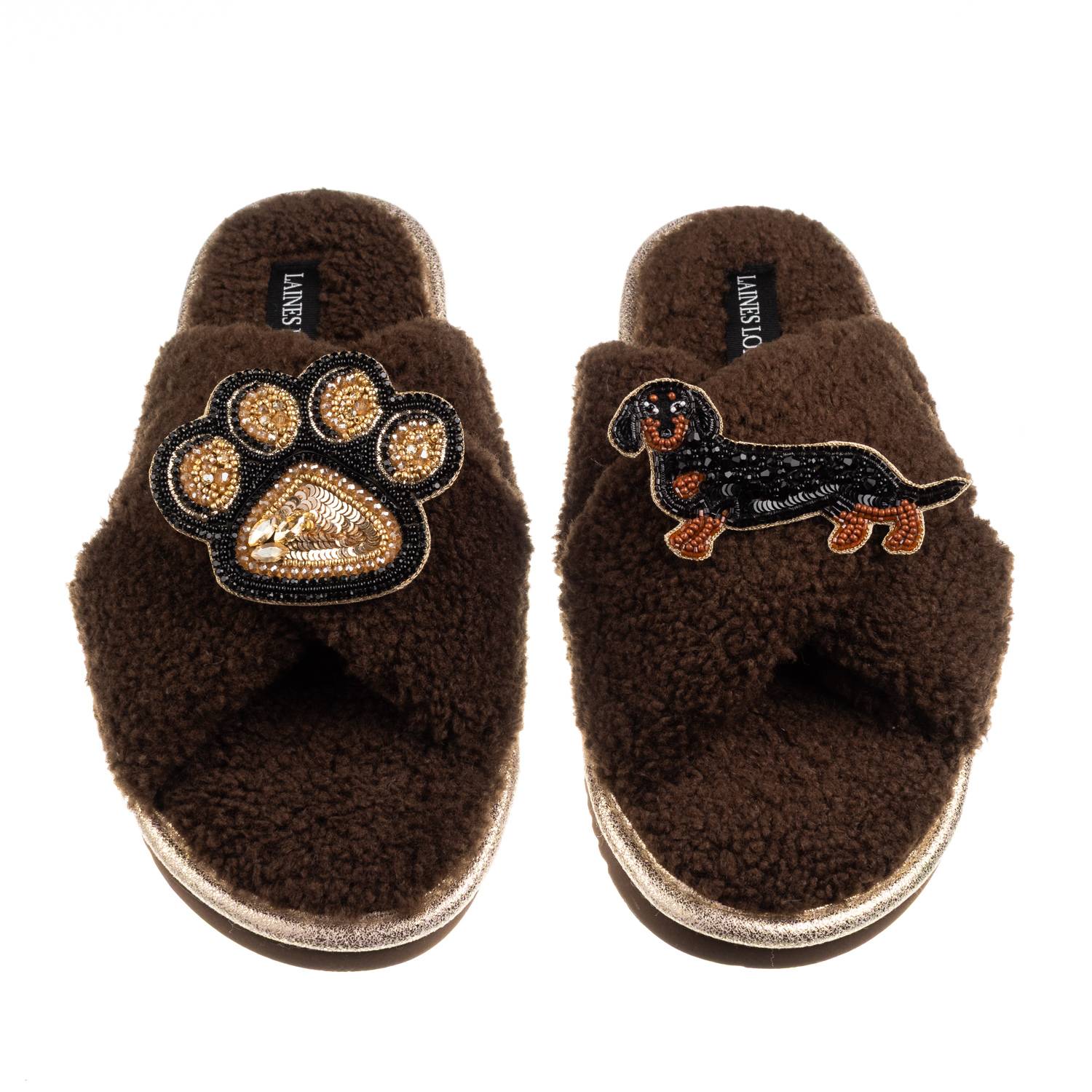 Laines London Women's Brown / Neutrals Boucle Slippers With Paw & Black & Tan Dachshund Brooches - Chocolate In Brown