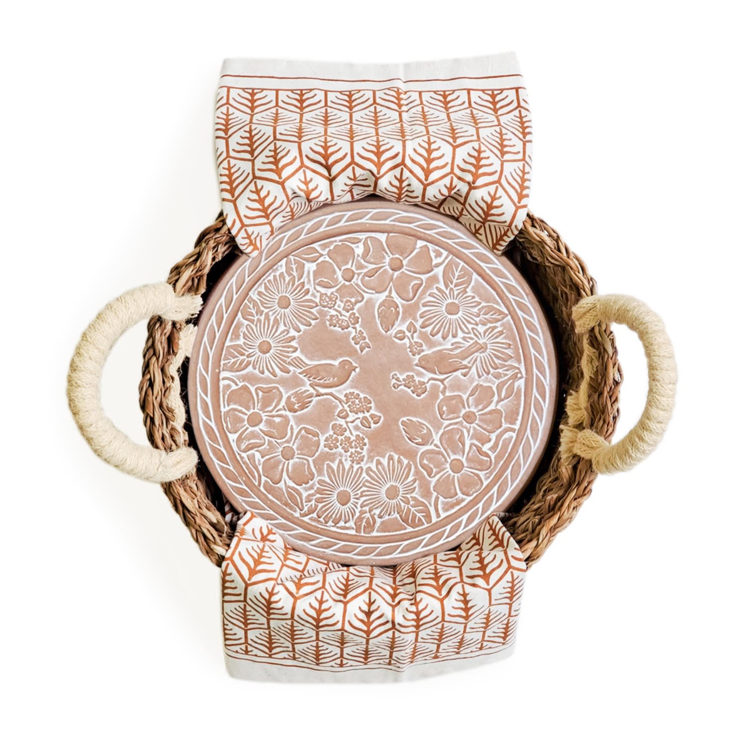 Korissa Brown / Neutrals Bread Warmer & Basket Gift Set With Light Brown Tea Towel - Garden Round