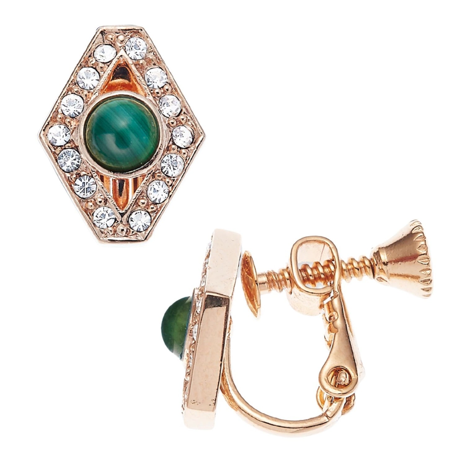 Grossé Women's Gold / Green Crystal & Malachite Gold Clip On Earrings, Series Gem Flakes