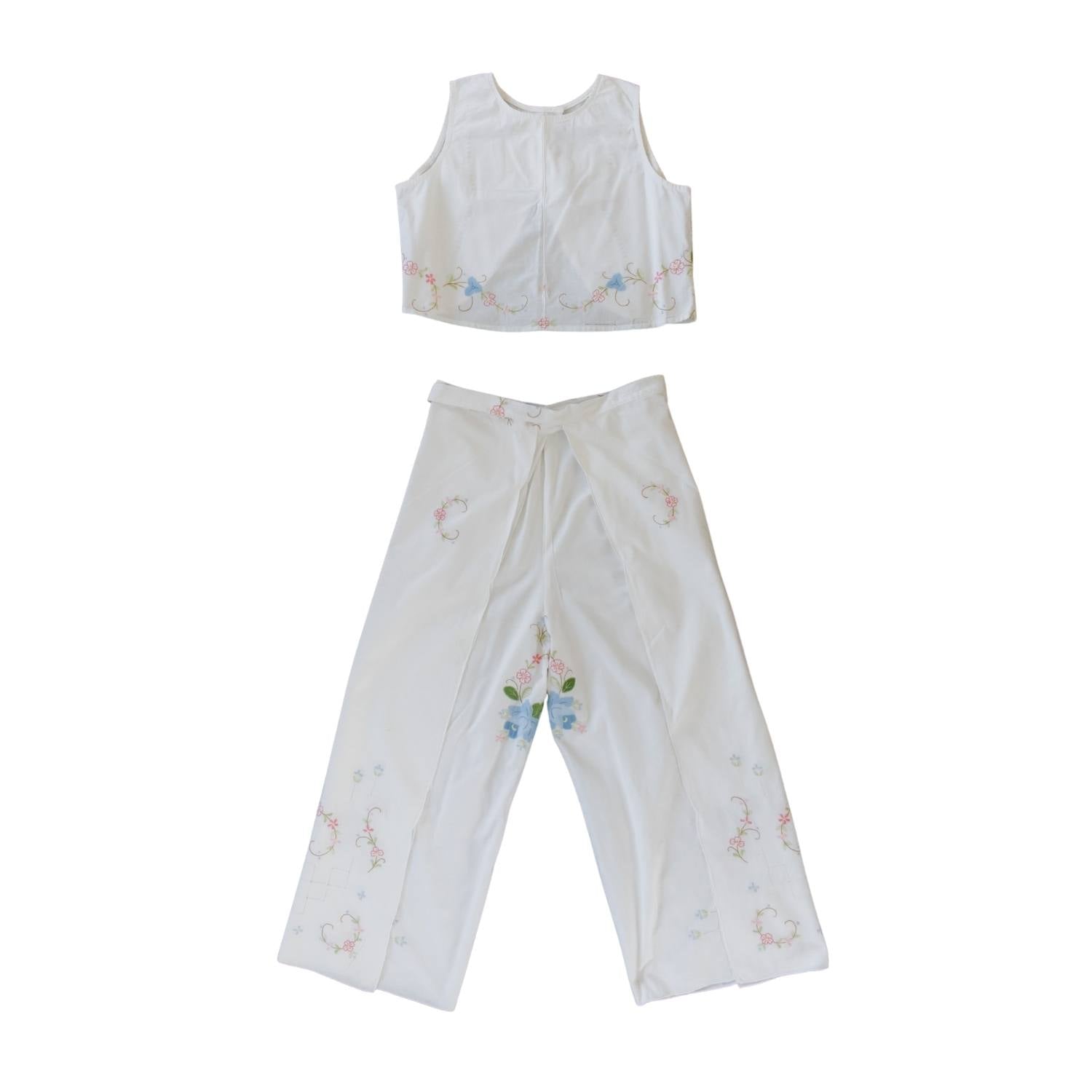 Women’s Upcycled Floral Back Open Crop Top & Wrapped Pants Set Medium Sugar Cream Vintage