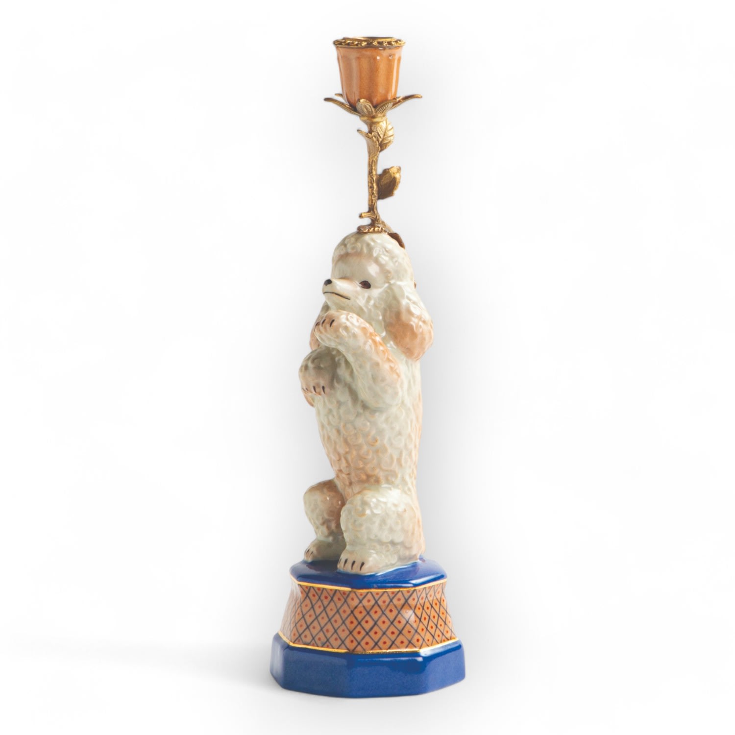 Fable And Mirth White / Gold / Blue Poodle Candle Holder With Brass Accent In White/gold/blue