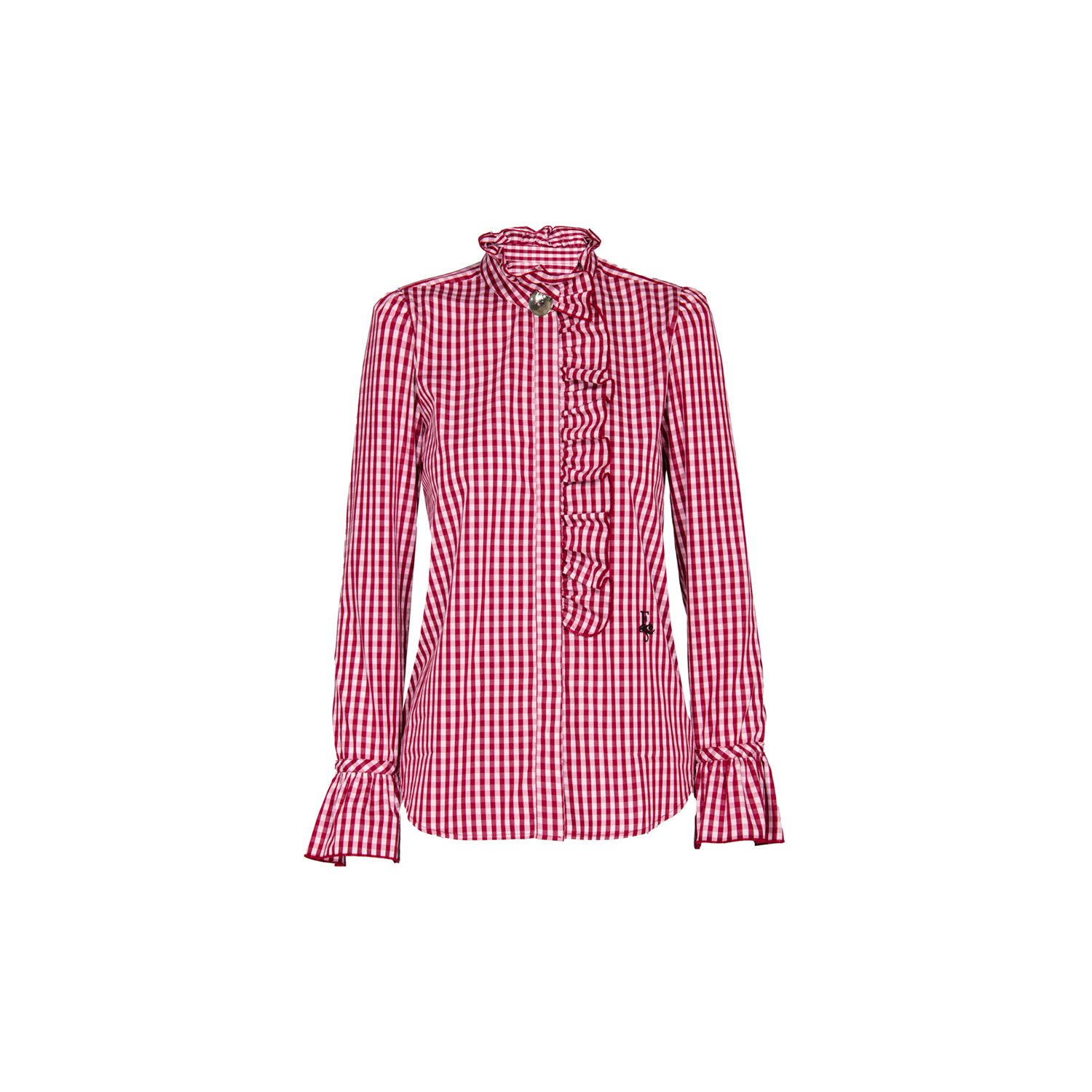 The Extreme Collection Women's Red Boheme Maroon Gingham Blouse With Ruffled Trim And High Collar