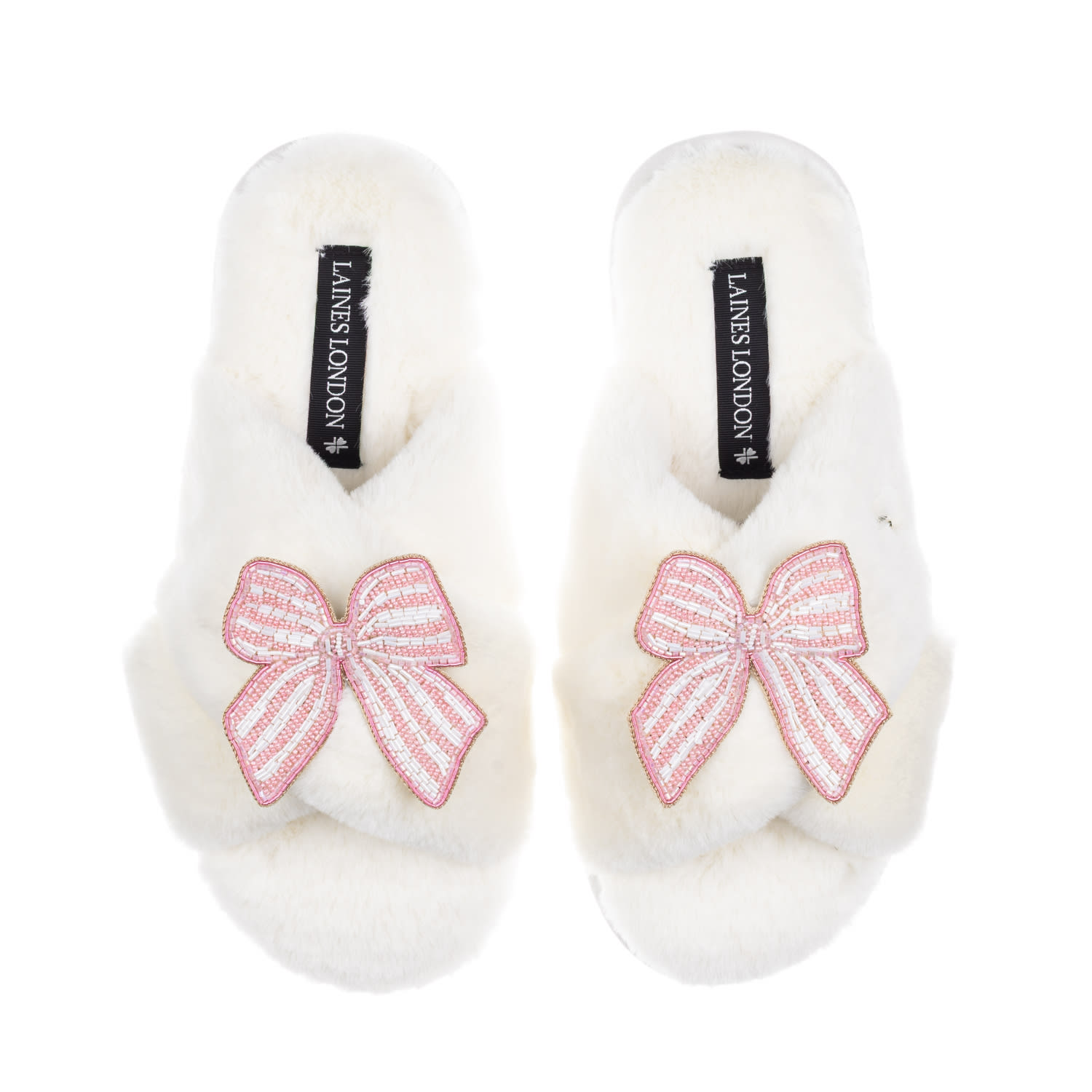 Women's White / Neutrals Classic Laines Slippers With Pink Stripe Bow Brooches - Cream | Extra Large | Laines London
