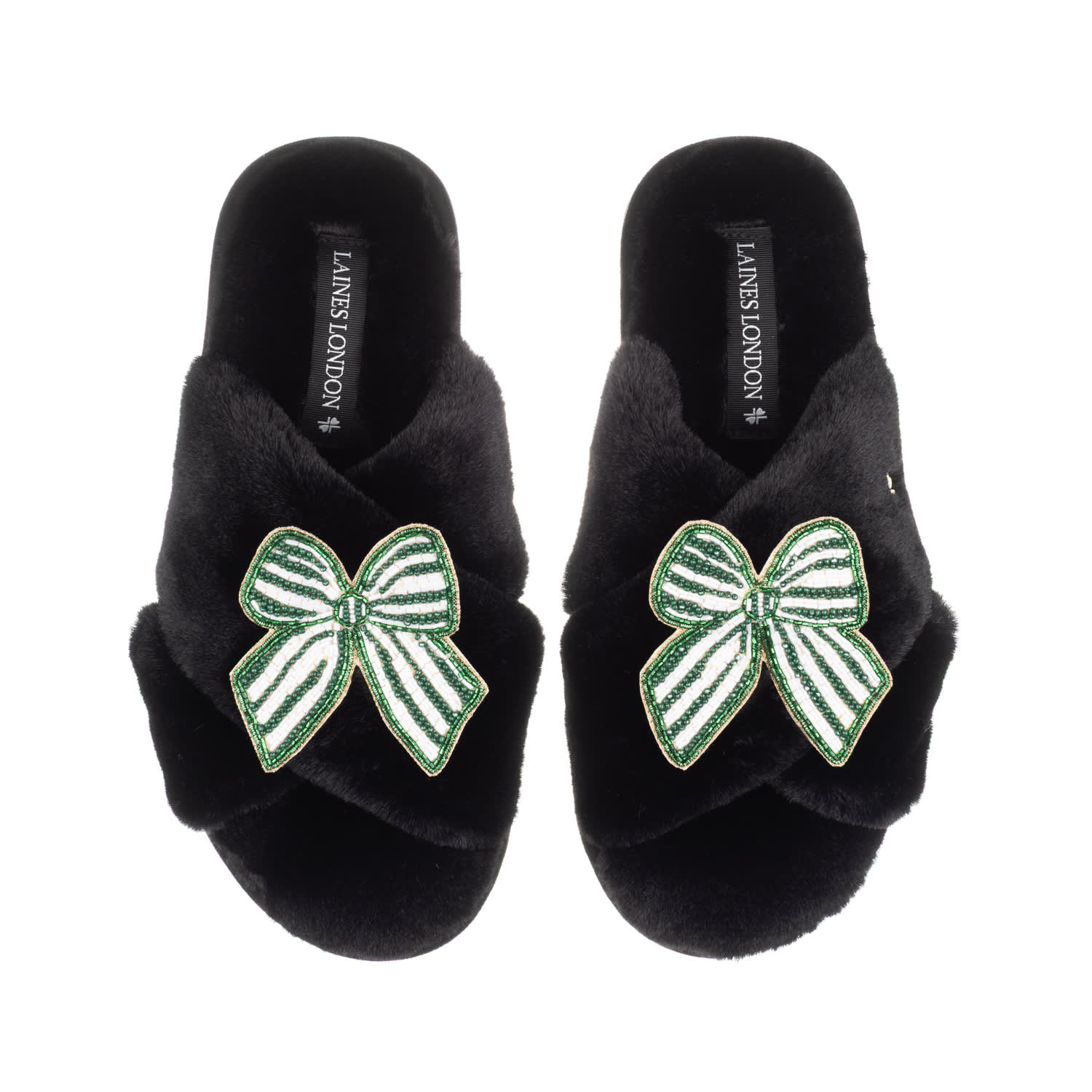 Laines London Women's Classic Laines Slippers With Green Stripe Bow Brooches - Black In Black