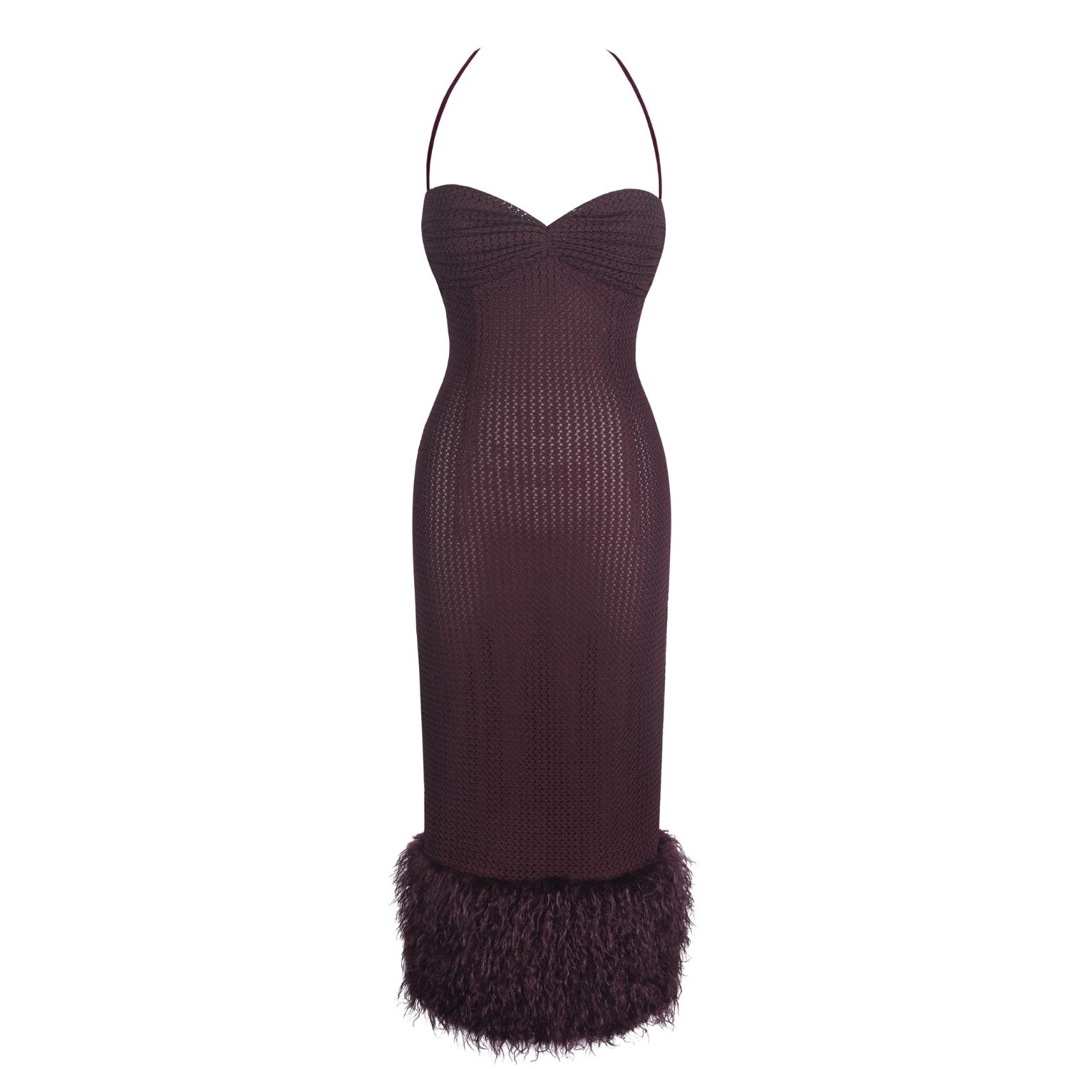Women's Red Pluma Maroon Halter Faux-Fur Trimmed Midi Dress | Small | Miss Circle New York