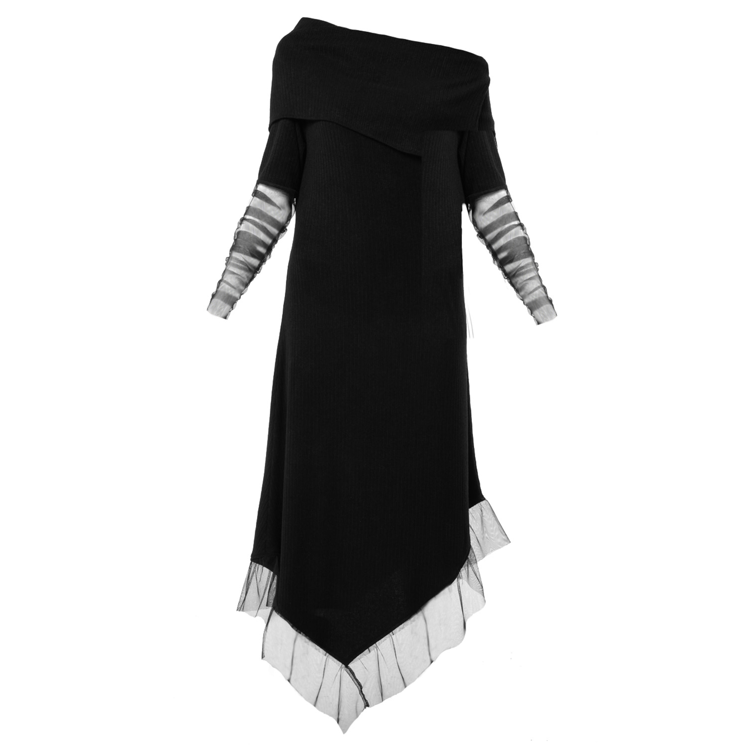 Women's Long Black Dress With Tulle Sleeves | Extra Large | Metamorphoza