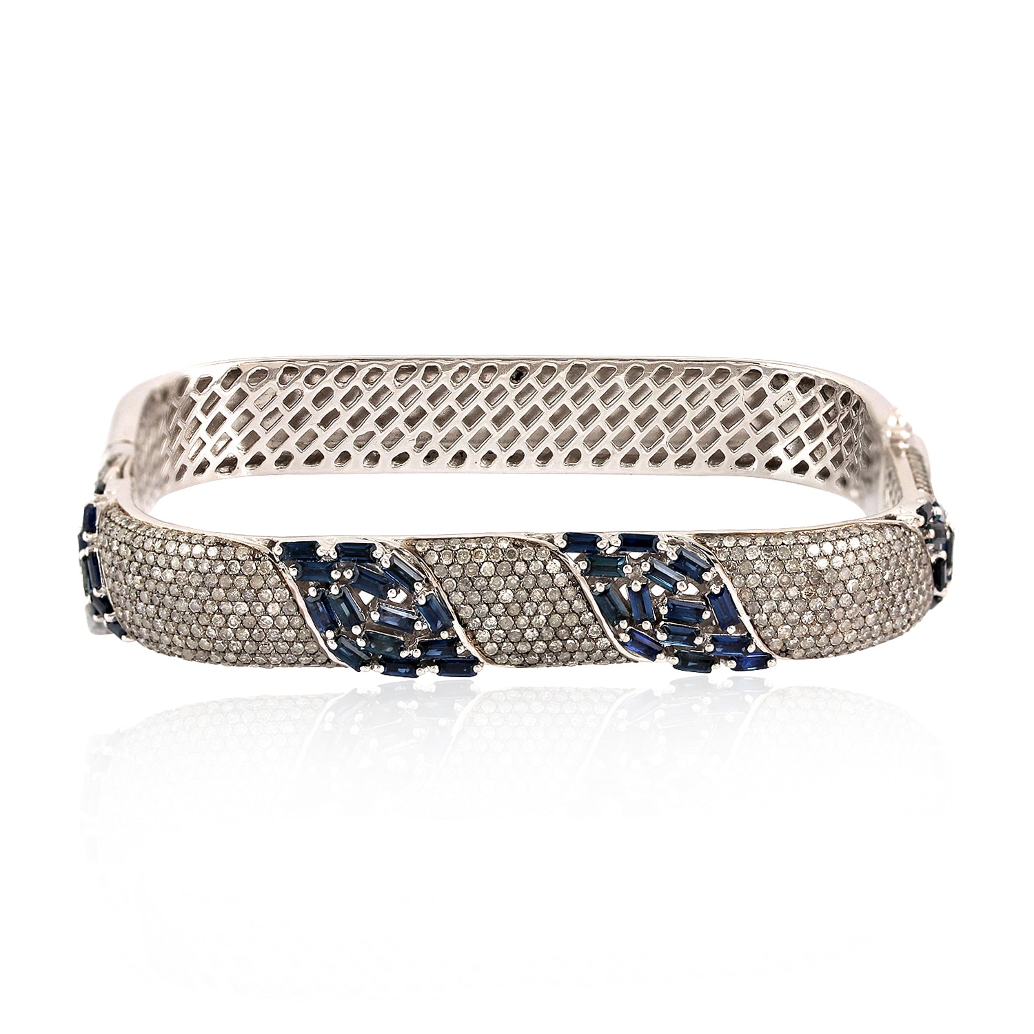 Women’s Blue / White 18K White Gold 925 Silver Diamond Pave & Blue Baguette Sapphire Stylish Bangle Artisan