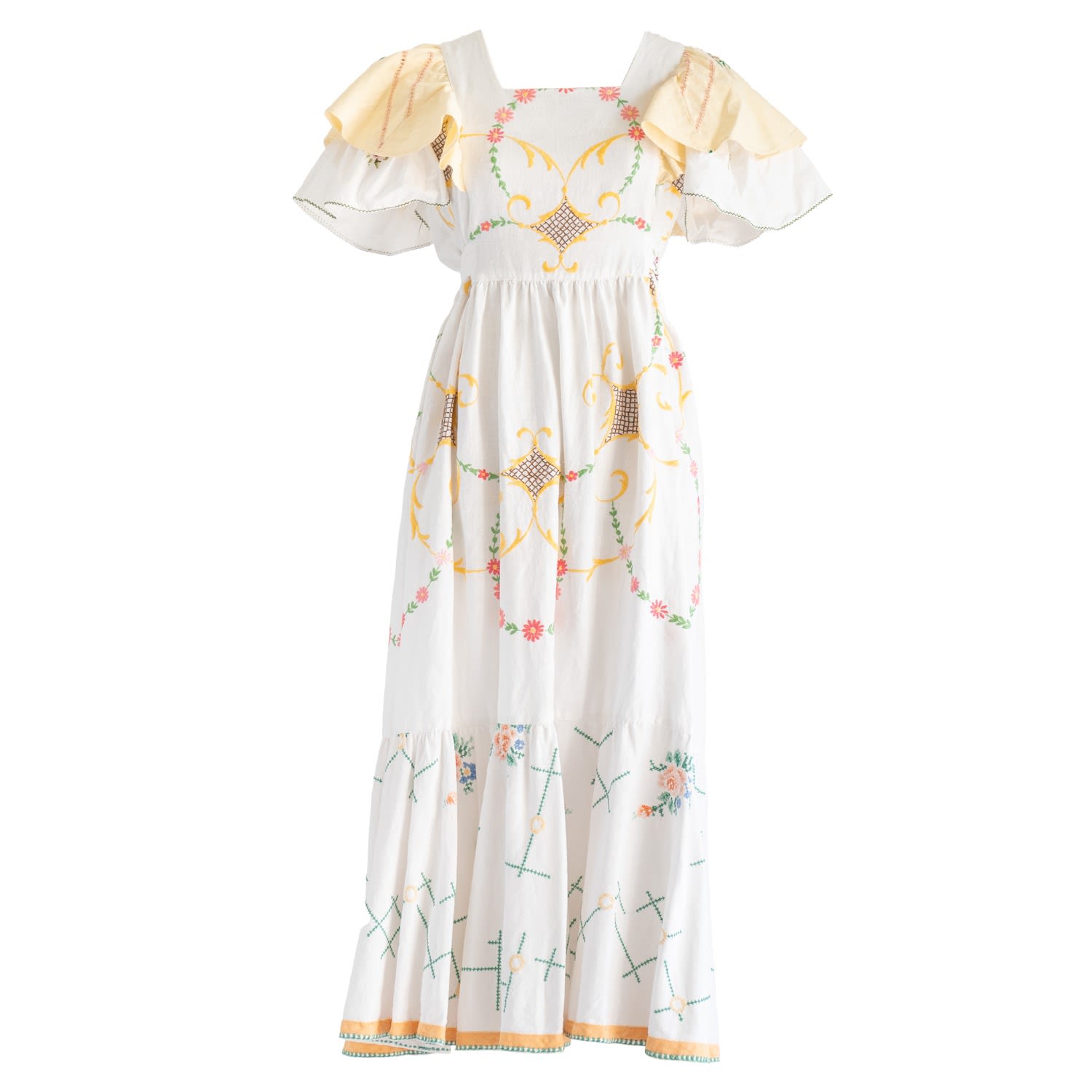 Sugar Cream Vintage Women's White Re-design Upcycled Pink Daisy & Rose Embroidery Maxi Dress In White
