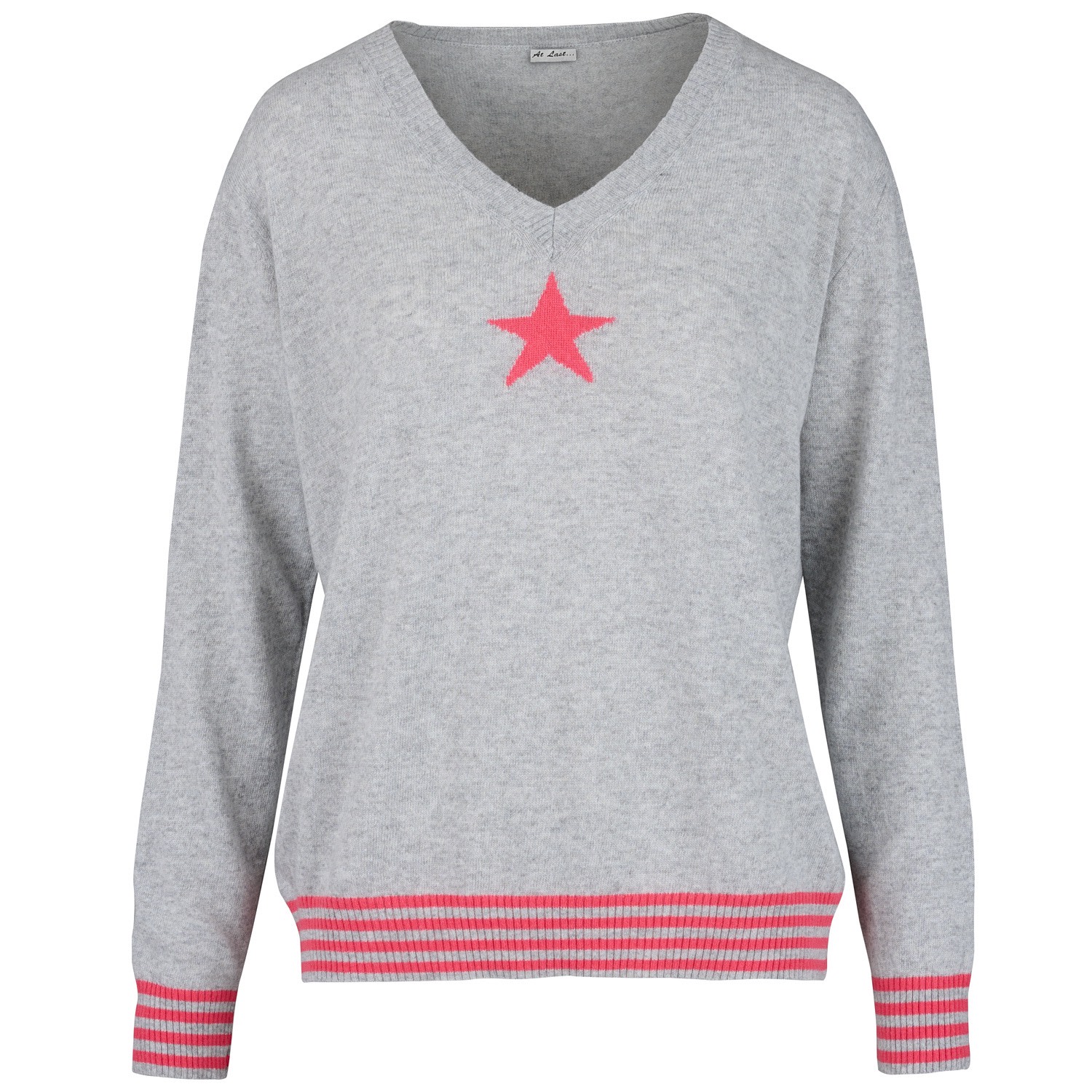 At Last... Women's Cashmere Mix Sweater In Grey With Coral Star & Stripes In Grey