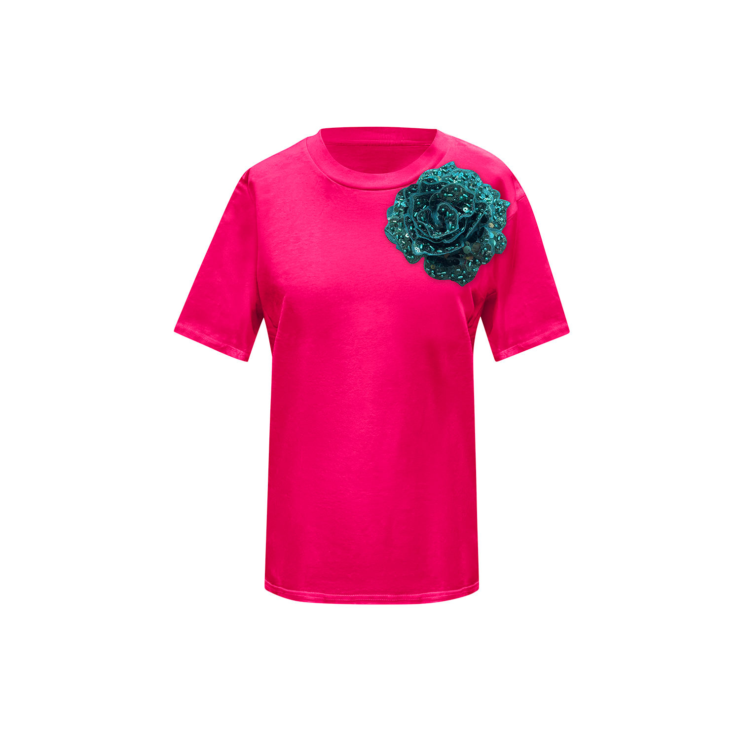 Toma Women's Pink / Green Pink Cotton T-shirt With Green Side Sequin Rose In Pink