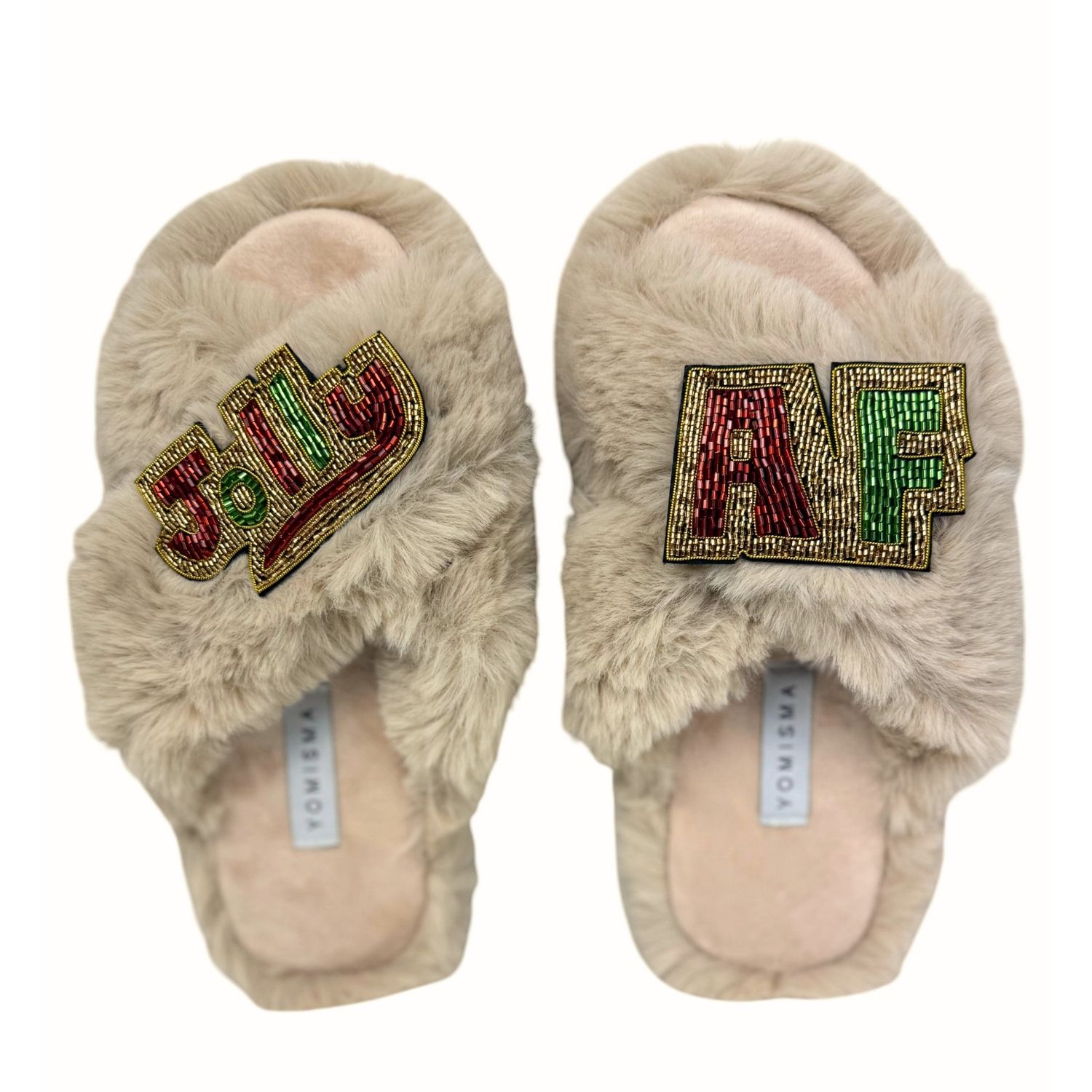 Yomisma Women's Neutrals / Green / Red Eco-friendly Holiday Slippers – Jolly + Af Beaded Brooches - Beige In Multi