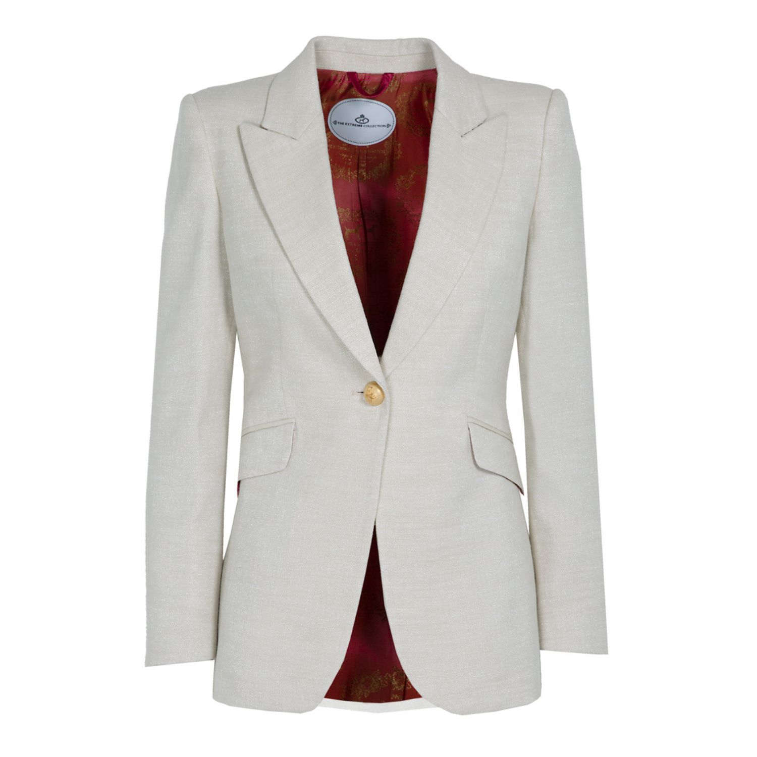 The Extreme Collection Women's White Single Breasted Ecru Linen Blazer With Pockets Paisley In White