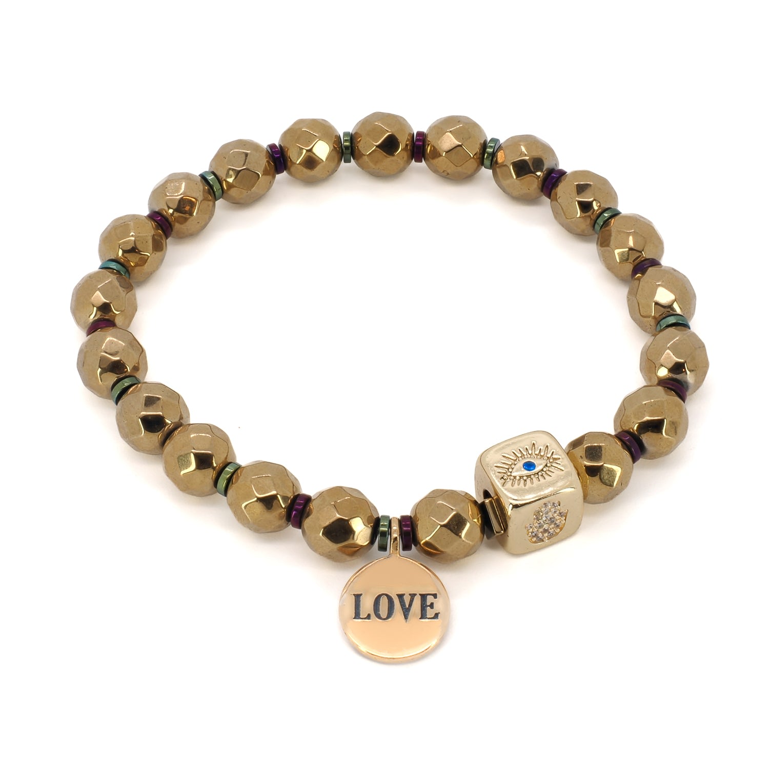 Women’s Gold Hematite Stone Beaded Love & Evil Eye Charm Bracelet - Gold Ebru Jewelry