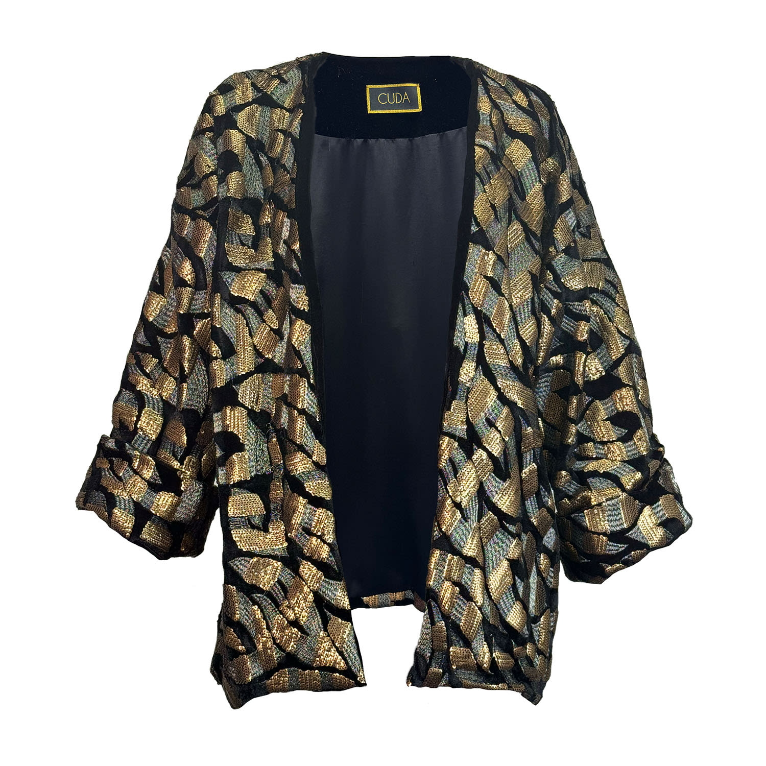 Women’s Gold / Black Slave To Love Embellished Embroidery And Gold Sequin Kimono Style Coat One Size Cuda