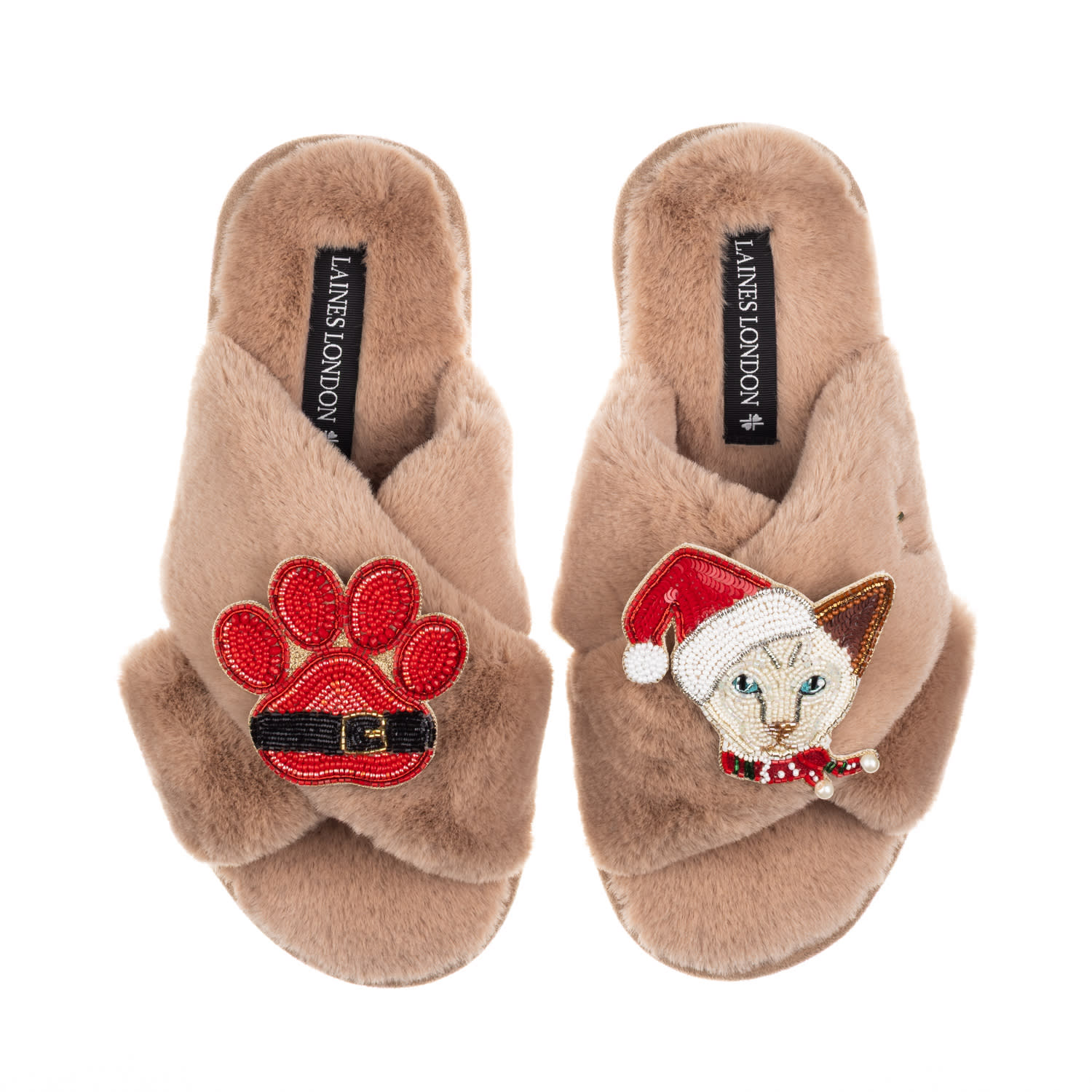 Laines London Women's Brown / Neutrals Classic Slippers With Christmas White Siamese Cat & Paw Brooches - Toffee In Brown