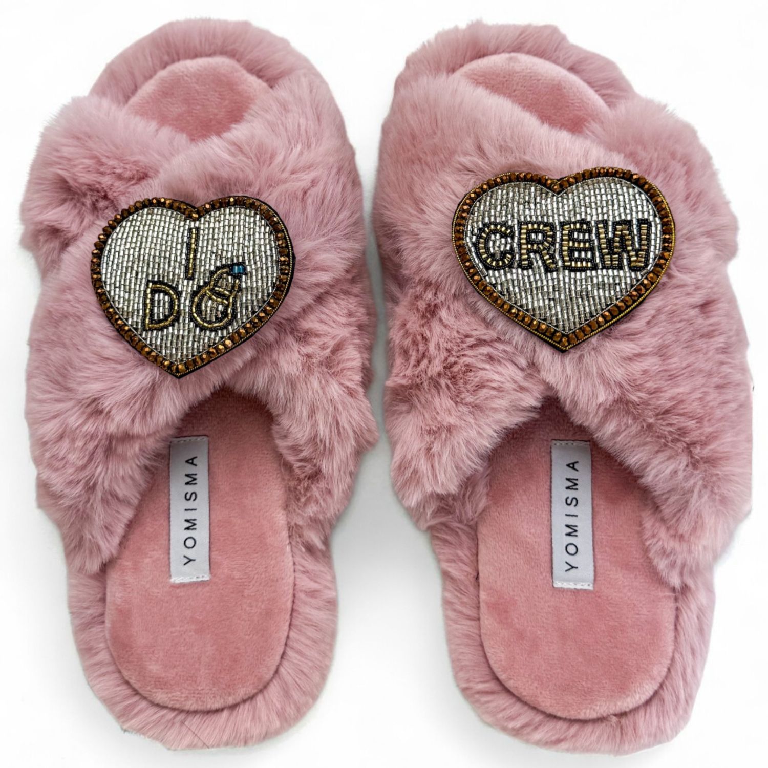 Yomisma Women's Faux Fur Slippers - Global Recycled Standard Certified With I Do Crew Wedding Embellishments In Pink