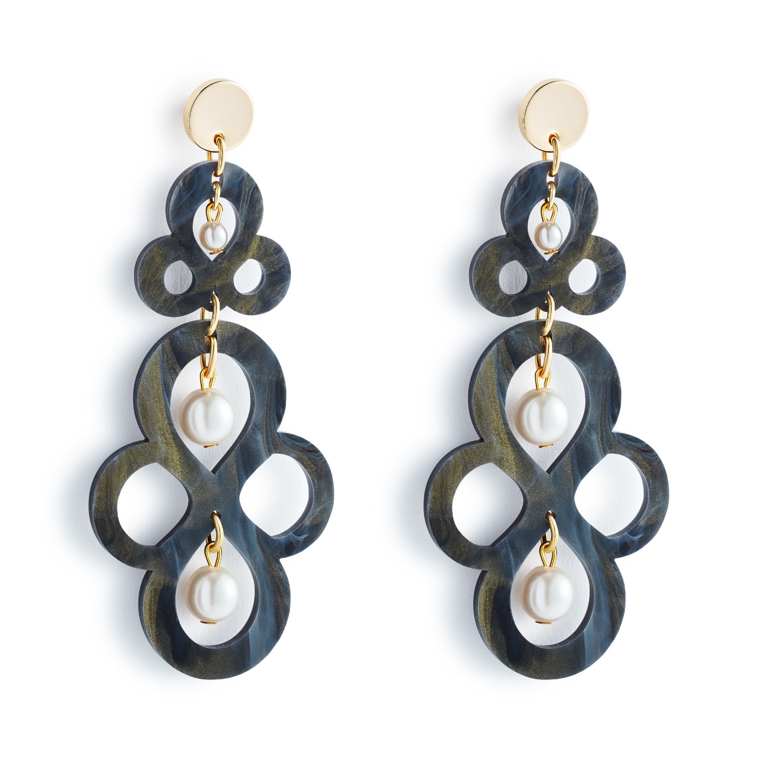 Toolally Women's Black / Gold Batik Earrings - Black Swirl & Pearl In Blue