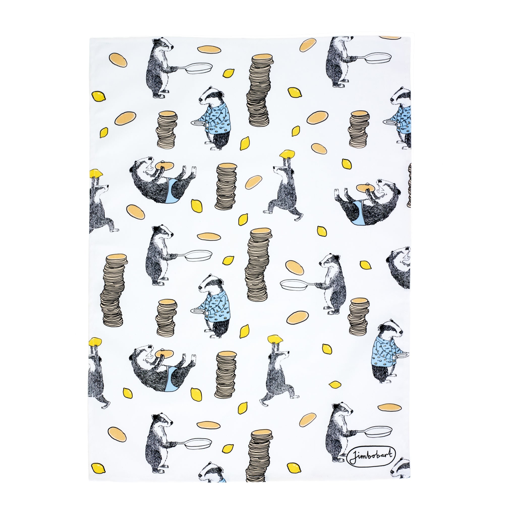 Jimbobart White Tea Towel - Badgers With Pancakes In White