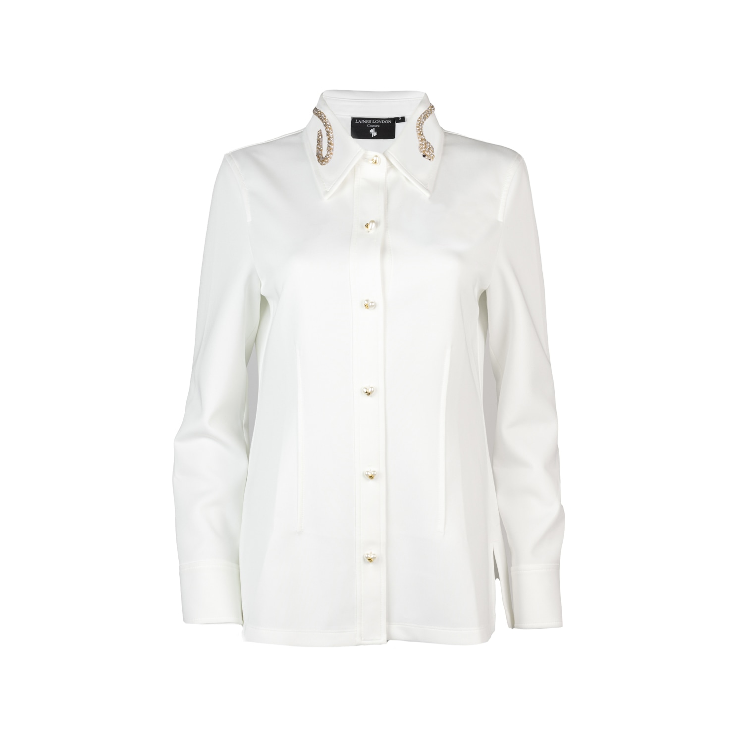 Women’s Laines Couture Crystal & Pearl Snake Collar Shirt - White Small Laines London