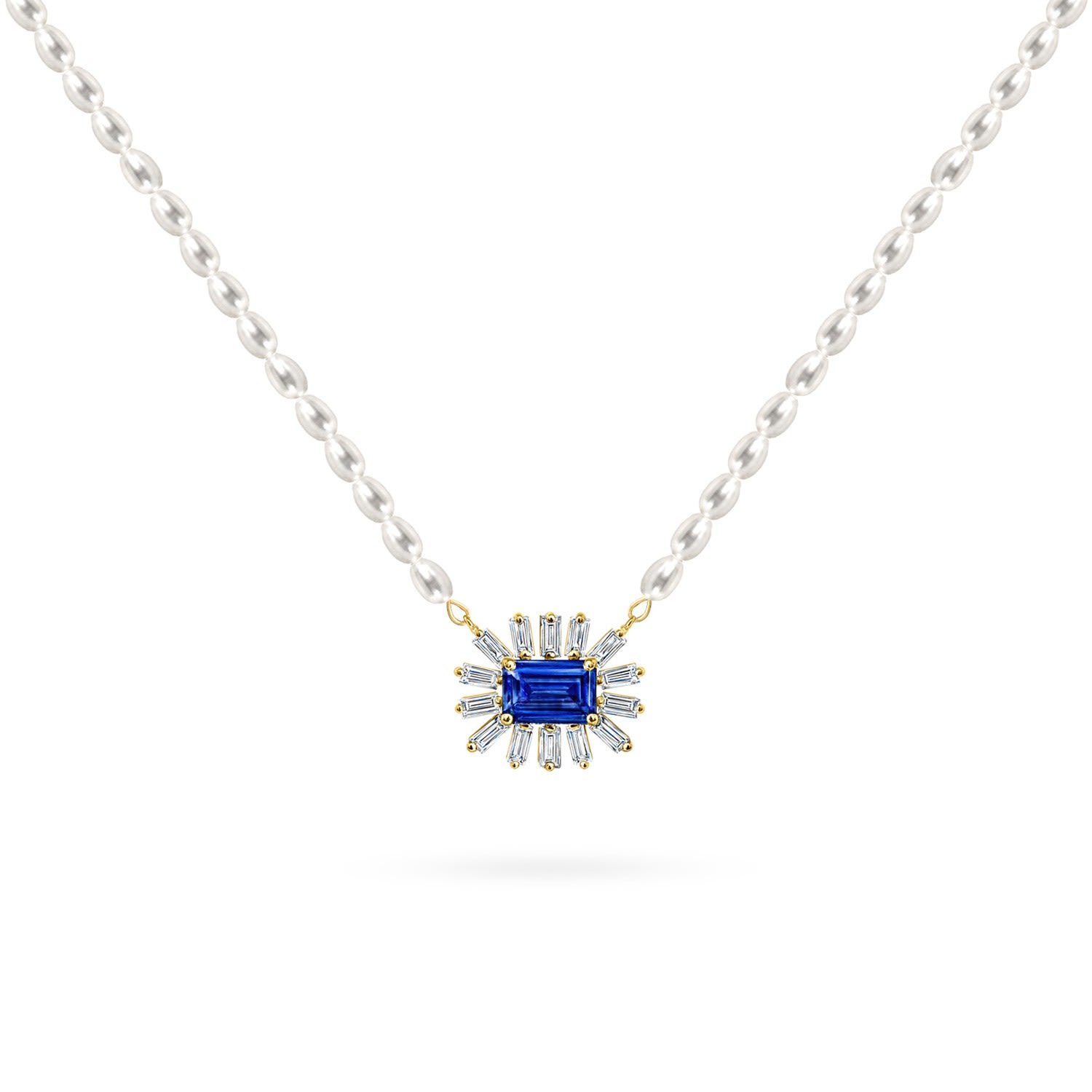 Women’s Necklace Cleopatra Baguette White Pearls On 18K Yellow Gold, Diamonds And Precious Stones - Sapphire Aquae Jewels