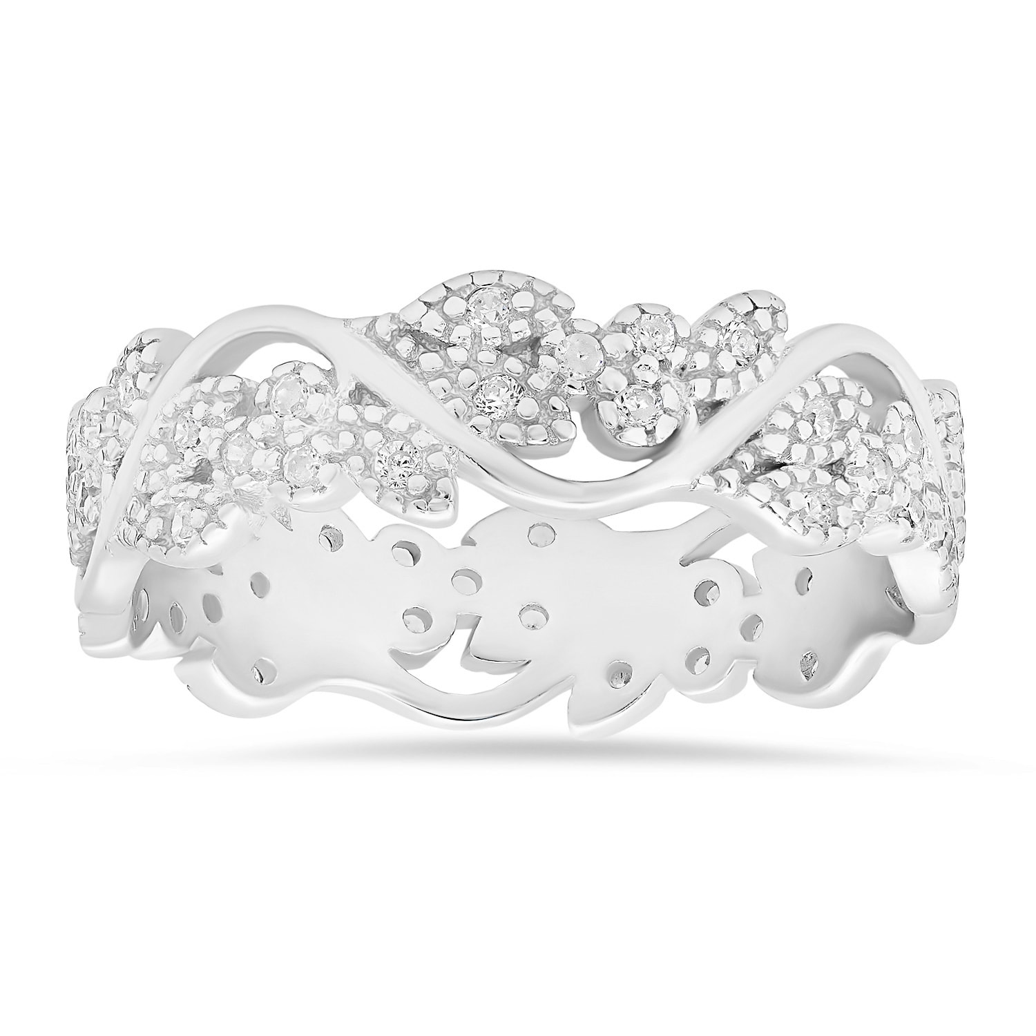Kylie Harper Sterling Silver Vintage Floral Cz Eternity Band Ring In Metallic