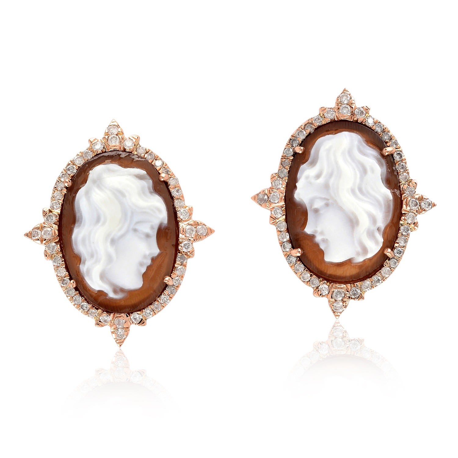 Women’s White / Rose Gold 18K Rose Gold Natural Diamond Shell Cameos Stud Earrings Artisan