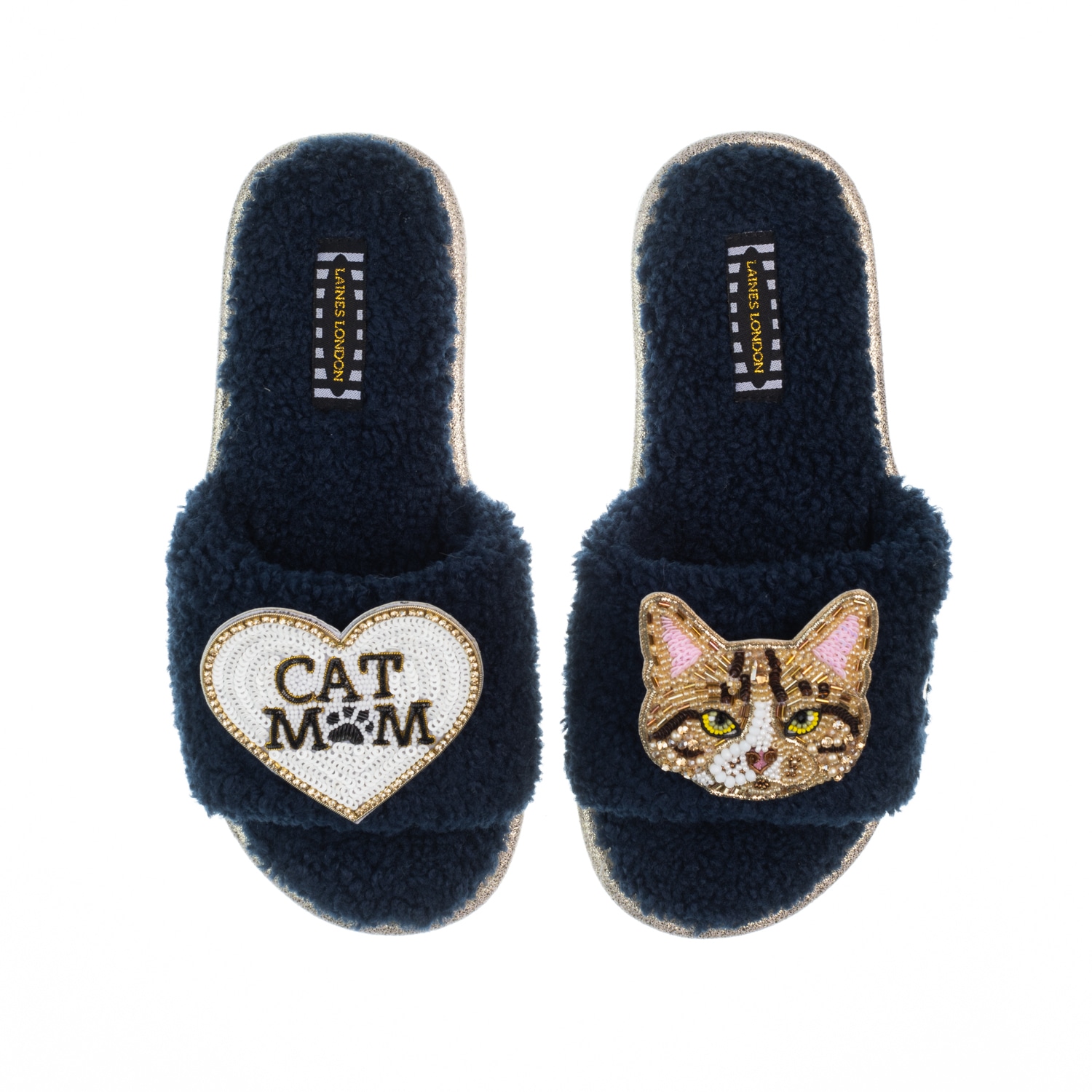 Laines London Women's Blue Teddy Toweling Slippers With Tabby Cat & Cat Mom / Mum Brooches - Navy In Blue