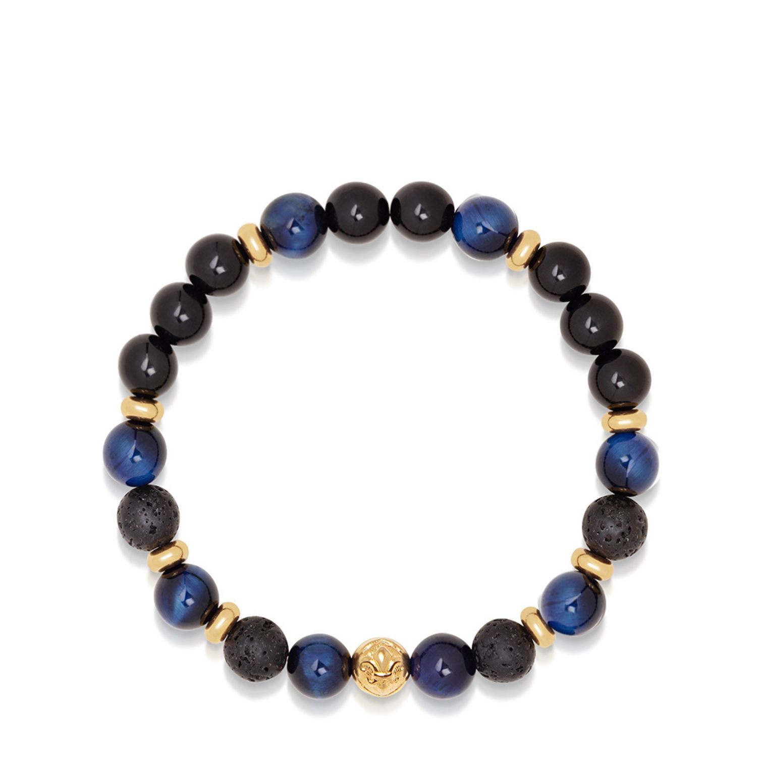 Blue / Black / Gold Men’s Wristband With Blue Tiger Eye, Black Agate, Lava Stone And Gold Nialaya