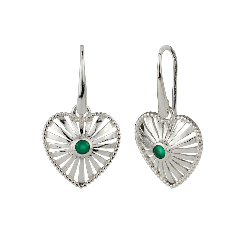 Charlotte's Web Jewellery Women's Heart Rays Silver Statement Earrings - Green Onyx In Green