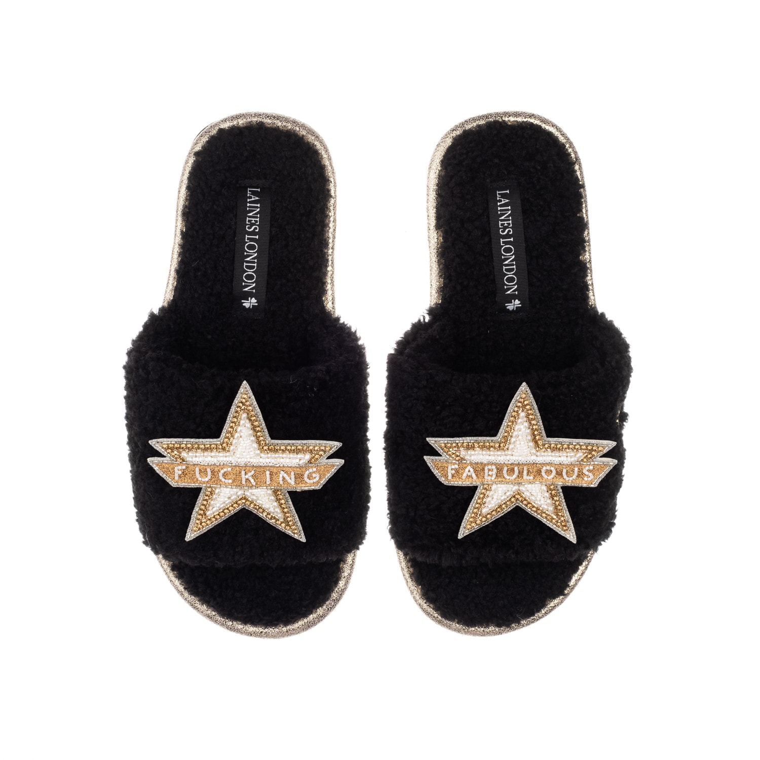 Laines London Women's Teddy Towelling Slipper Sliders With Fucking Fabulous Brooches - Black In Black
