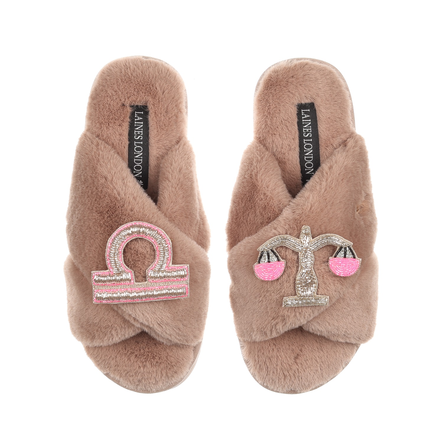 Women’s Brown Classic Laines Slippers With Libra Zodiac Brooches - Toffee Large Laines London