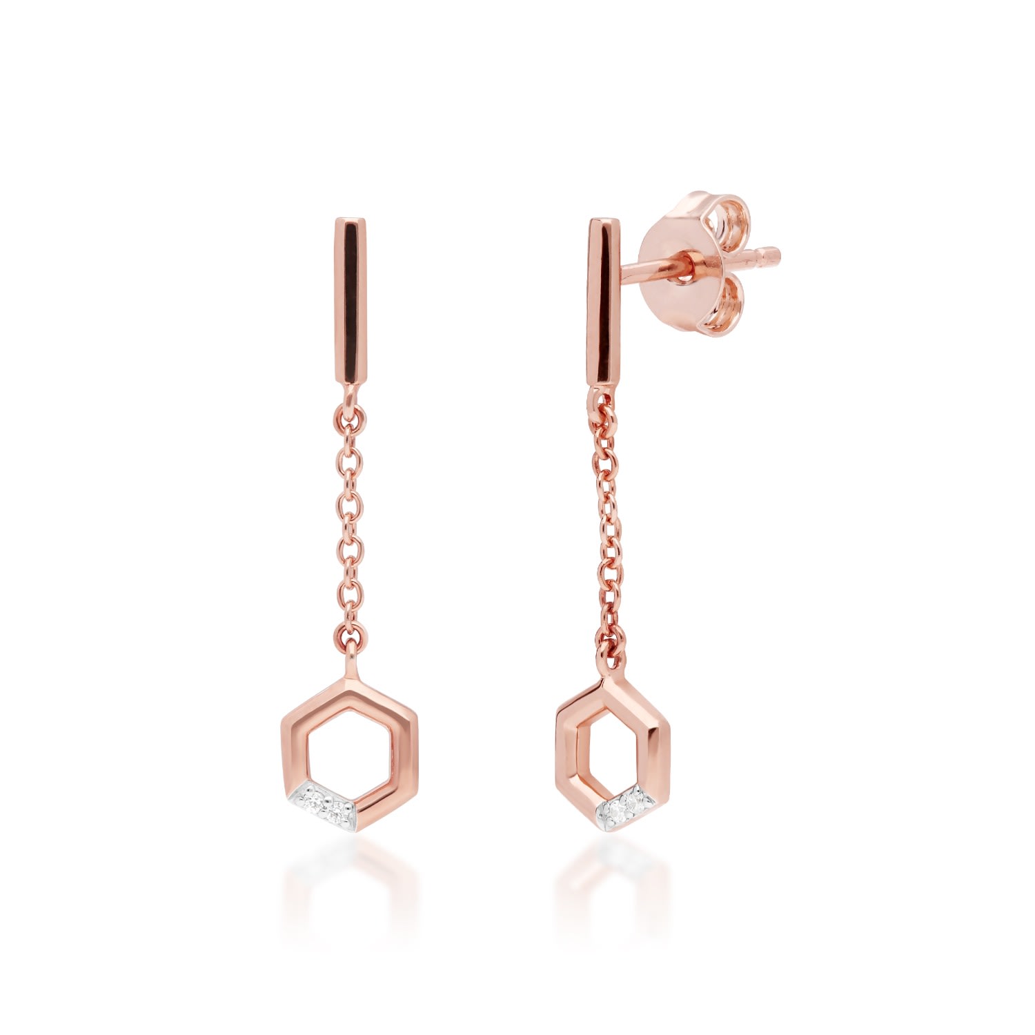 Women’s White Diamond Pav Hexagon Dangle Drop Chain Earrings In 9Ct Rose Gold Gemondo