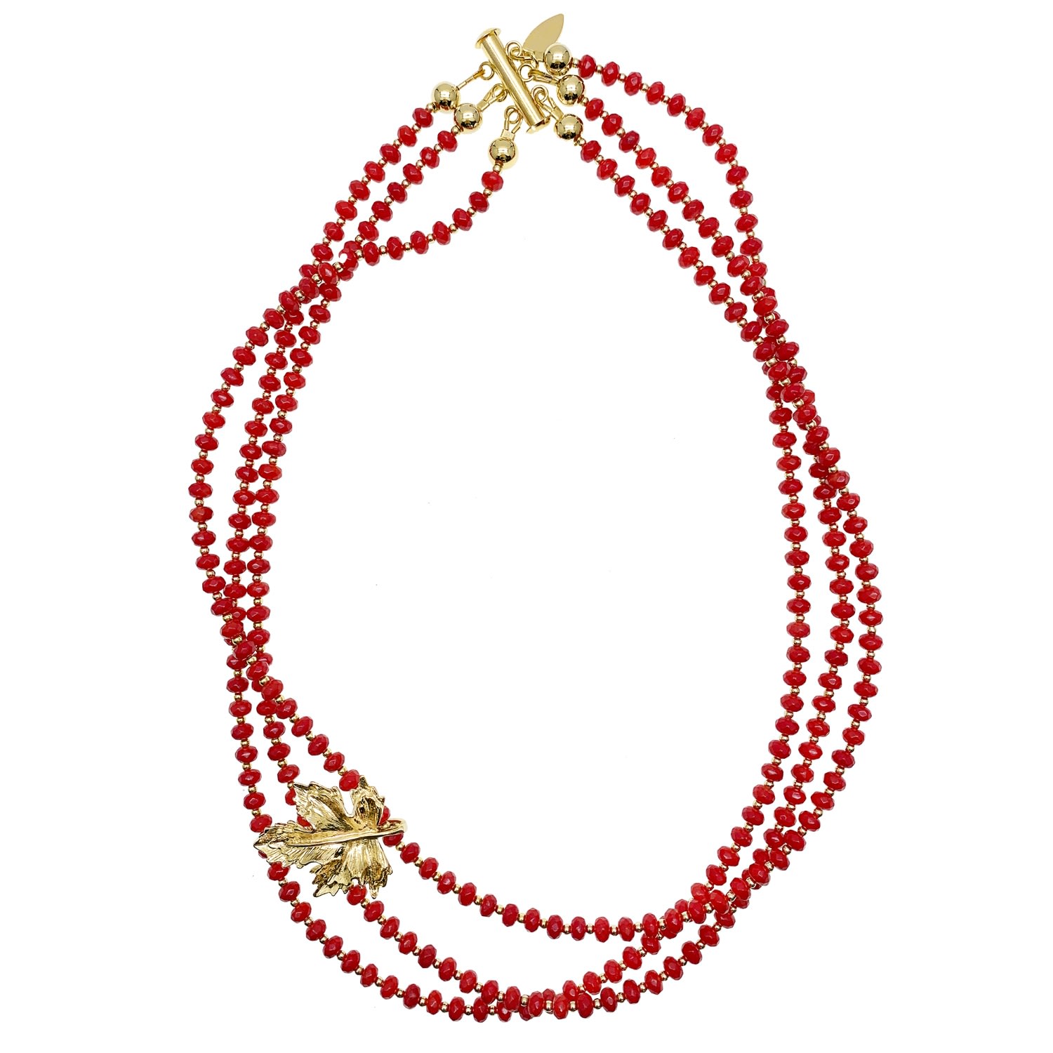 Farra Women's Red Coral With Maple Leaf Charm Multi Strands Statement Necklace In Red