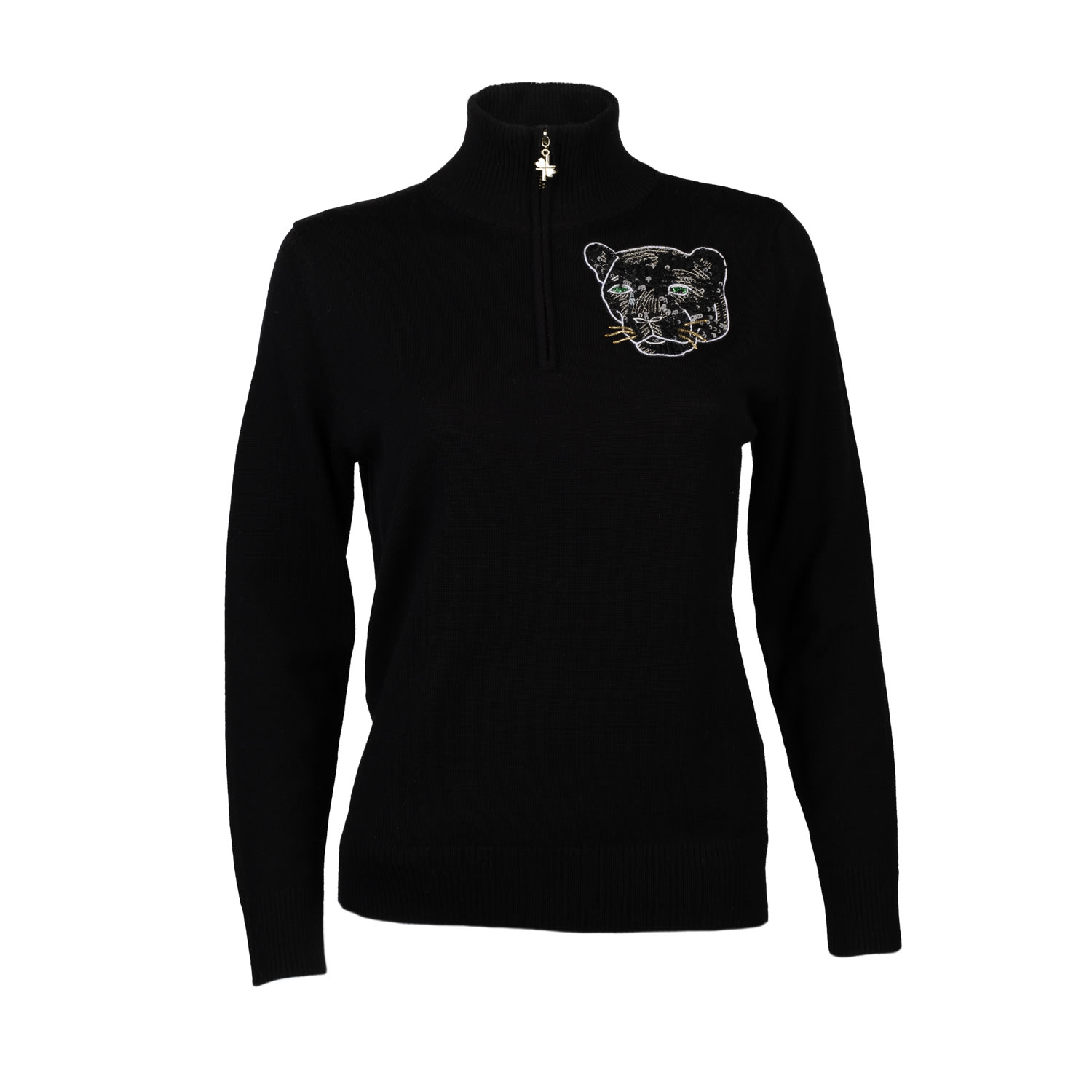 Women’s Laines Couture Quarter Zip Jumper With Embellished Panther - Black Medium Laines London