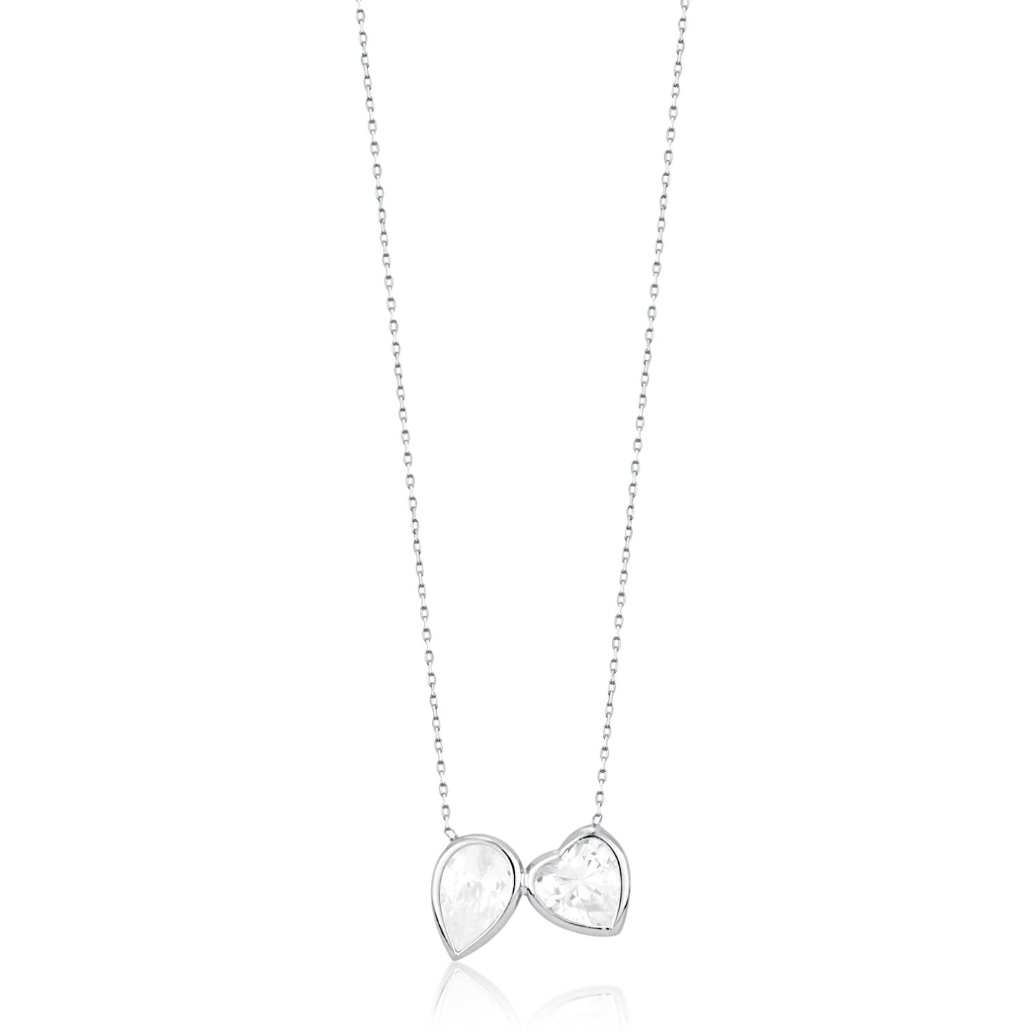 Women’s Two Stone Bezel-Set Necklace - Silver Heart & Pear Shymi