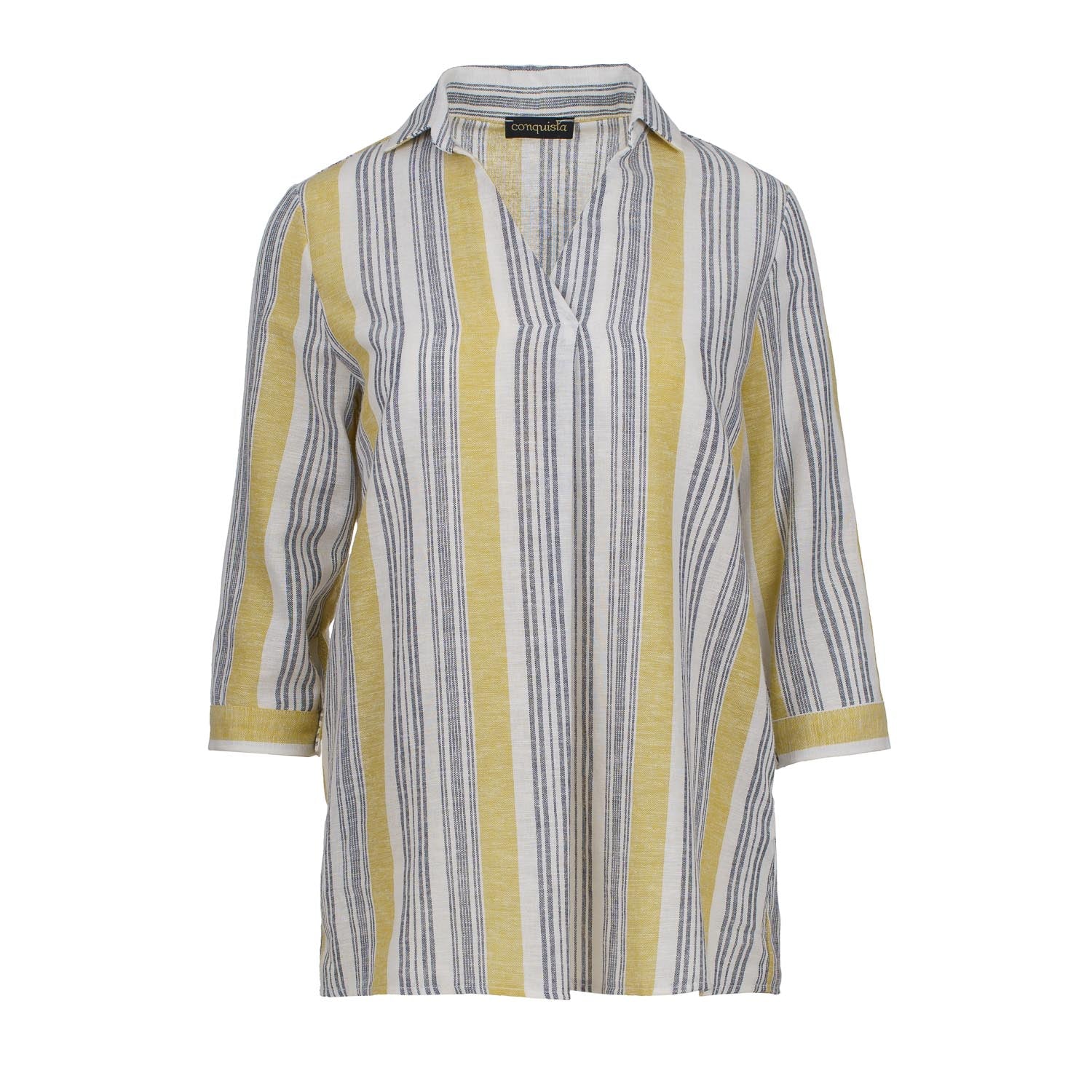 Conquista Women's Yellow / Orange Striped Linen Style Top With Pockets In Yellow/orange