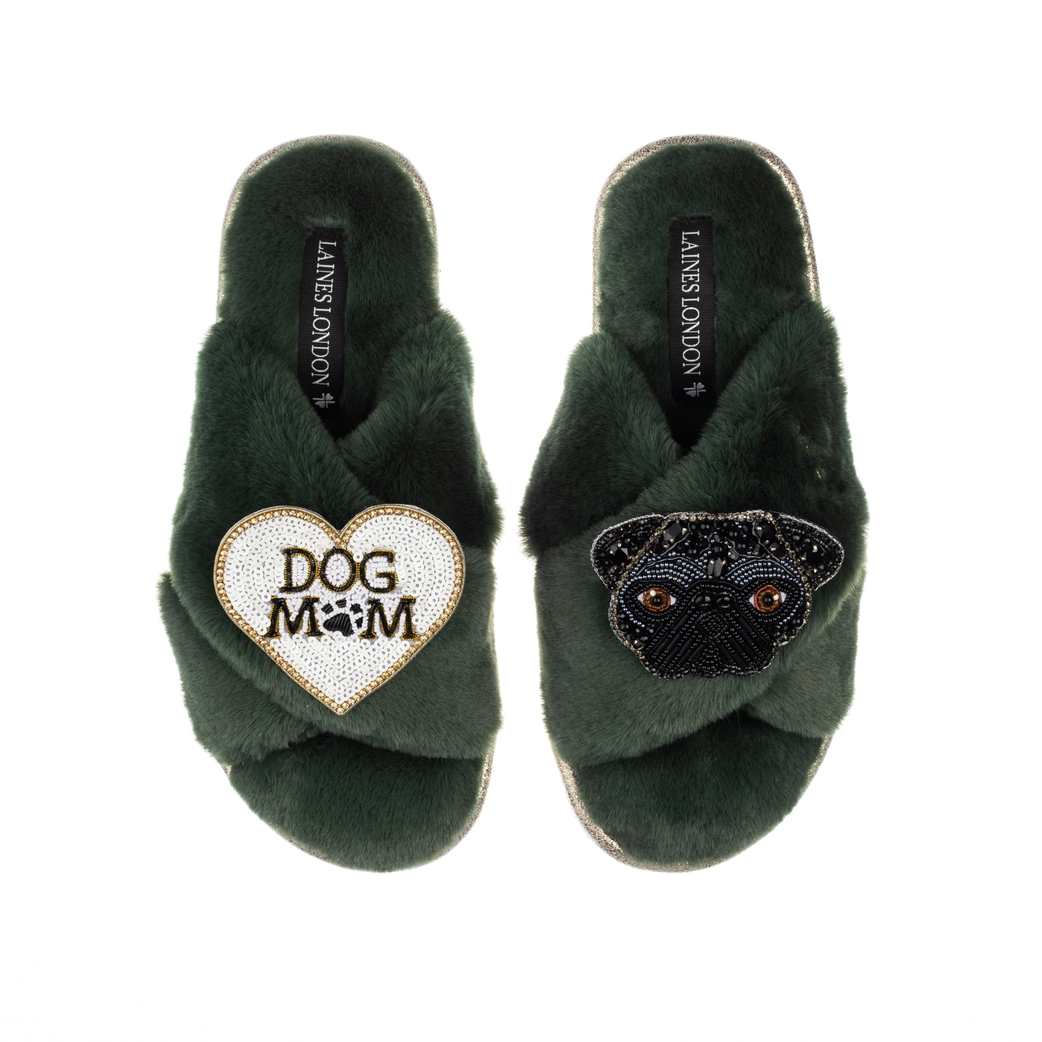 Laines London Women's Classic Laines Slippers With Snoopy Pug & Dog Mum / Mom Brooches - Limited Edition Green In Green