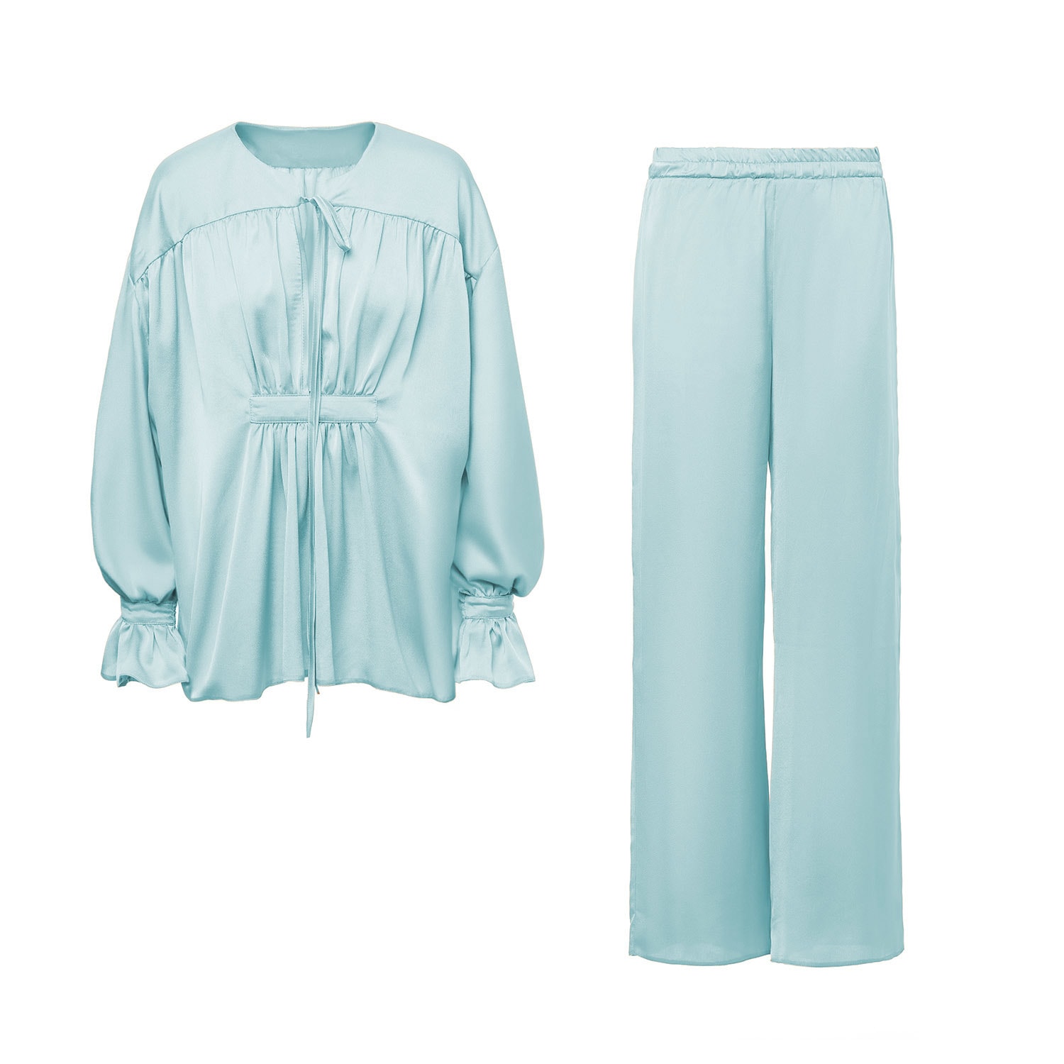 Bluzat Blue Bleu Matching Set With Blouse With Cuffs And Pants In Blue