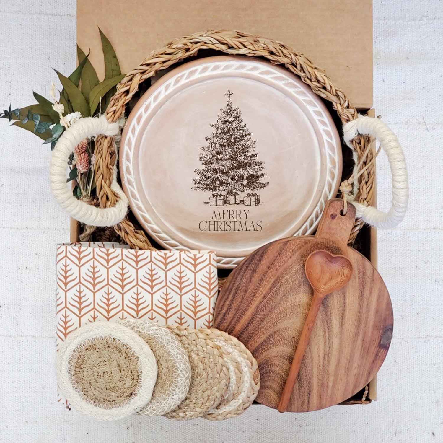 Korissa Neutrals Bread Warmer Gift Box With Round Wooden Board, Spoon And Light Brown Tea Towel - Christmas  In Brown