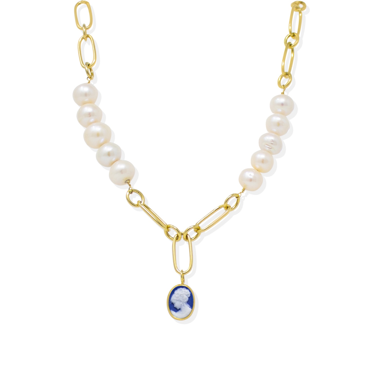 Vintouch Italy Women's Blue / Gold Simonetta Blue Cameo And Pearl Necklace In Multi