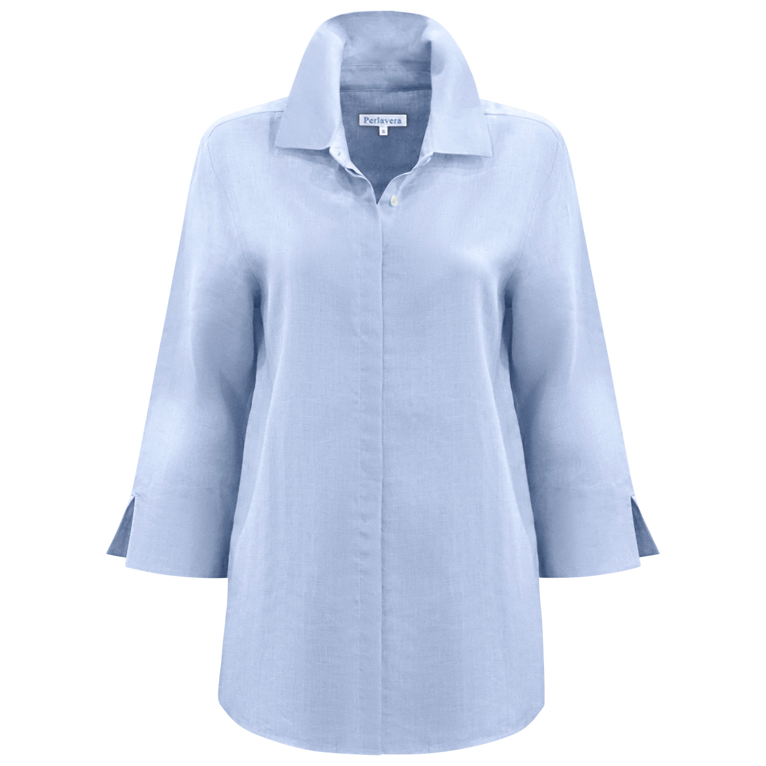 Perlavera Women's Blue Lenar Azul Rose Solid Linen Three Quarter Sleeve Length Missy Fit Shirt In Blue