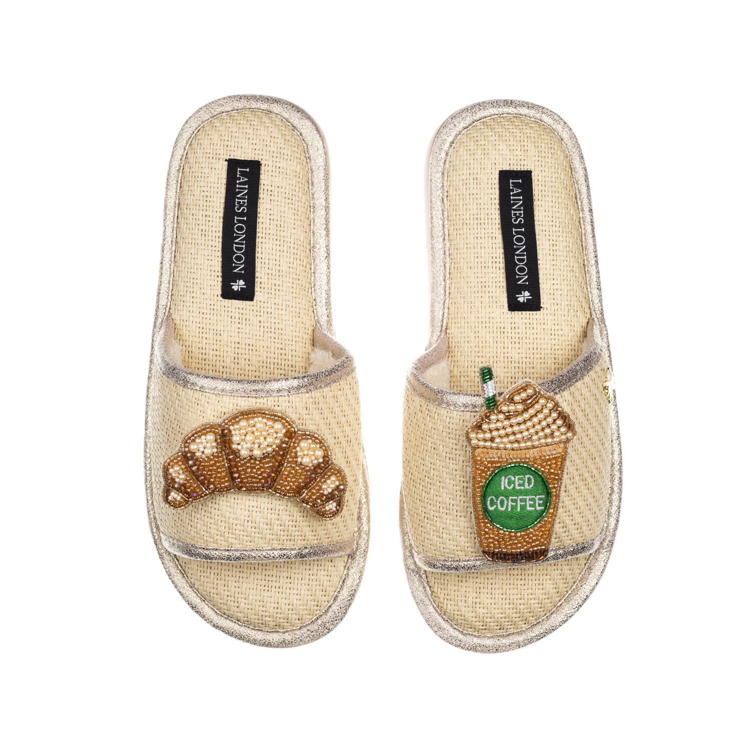Laines London Women's White Straw Braided Sandals With Iced Coffee & Croissant Brooches - Cream In White