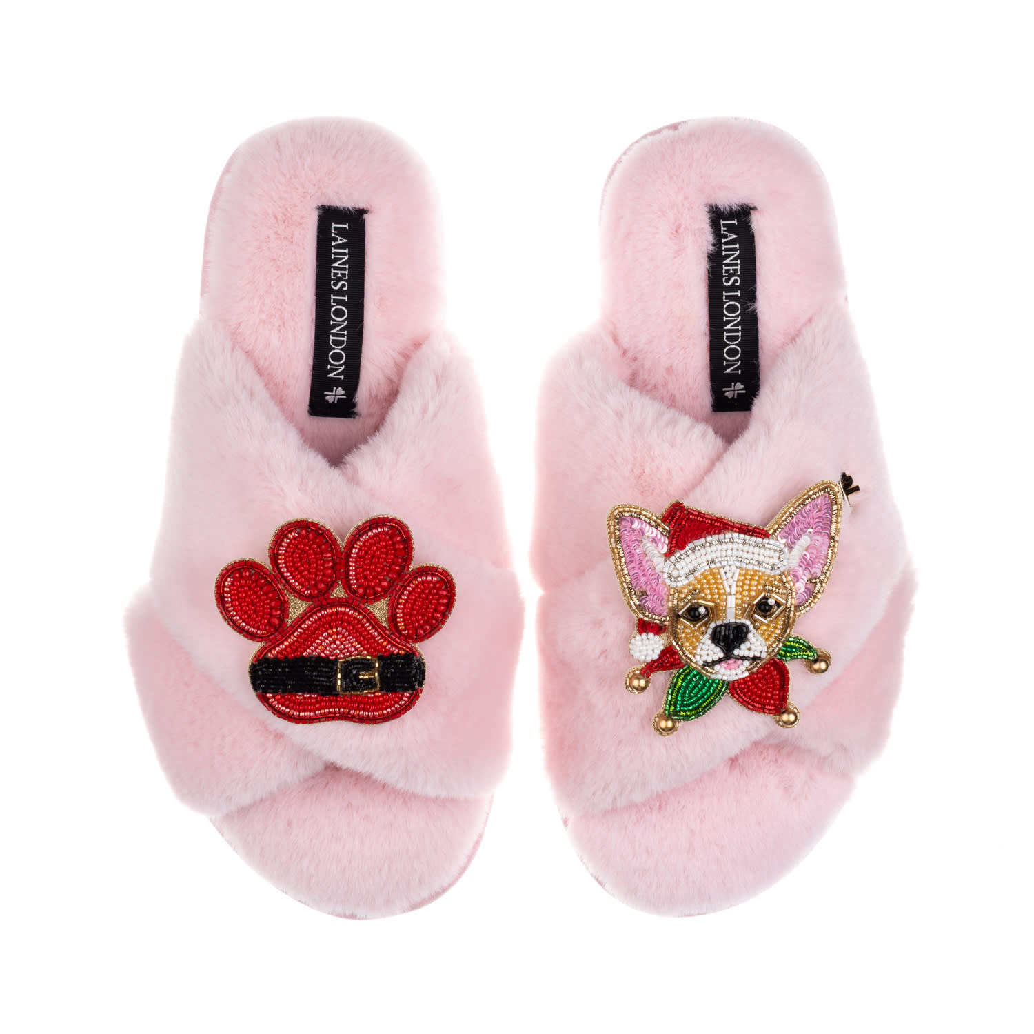 Laines London Women's Classic Slippers With Christmas Chihuahua & Paw Brooches - Pink In Pink