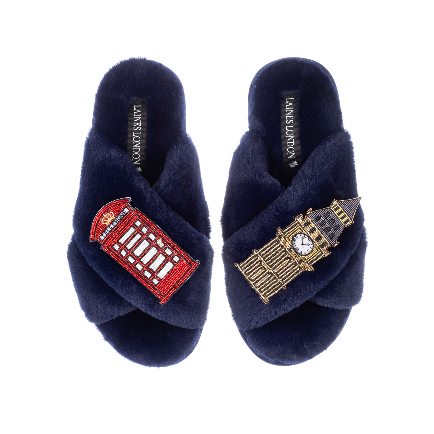 Laines London Women's Blue Classic Laines Slippers With Big Ben & British Red Phone Box Brooches - Navy In Blue