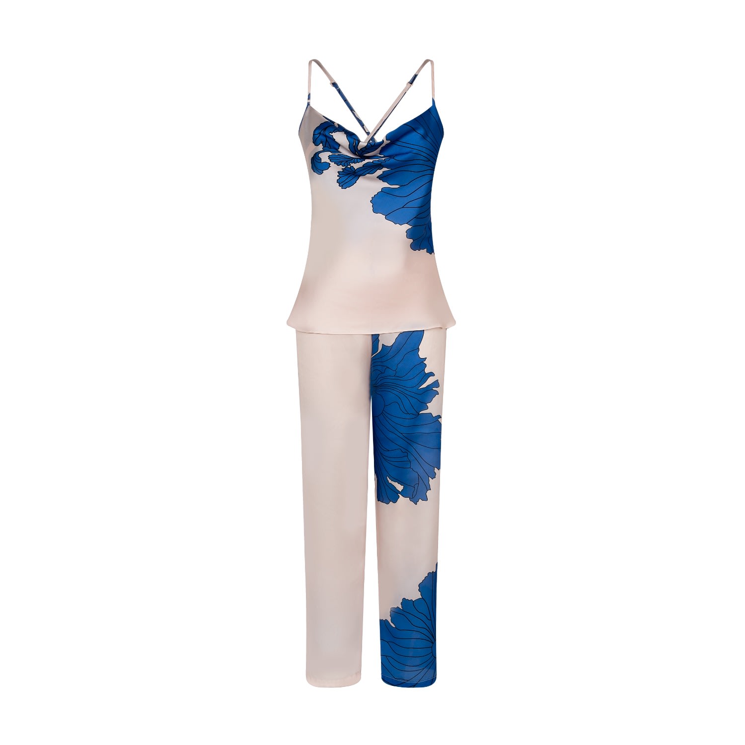 X Intima Women's Blue Low-cut Neck Satin Top Pyjama Contrast Fine Piping Detail In Blue