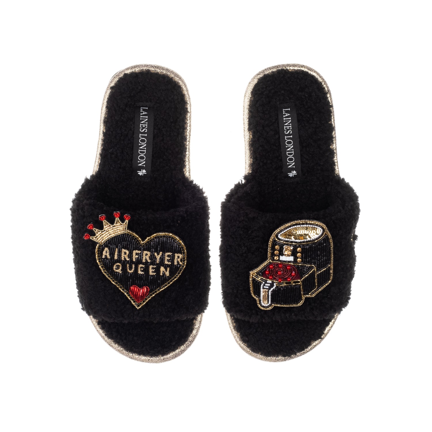 Laines London Women's Teddy Towelling Laines X Juliet Sears Slipper Sliders With Airfryer Queen Brooches - Black In Black