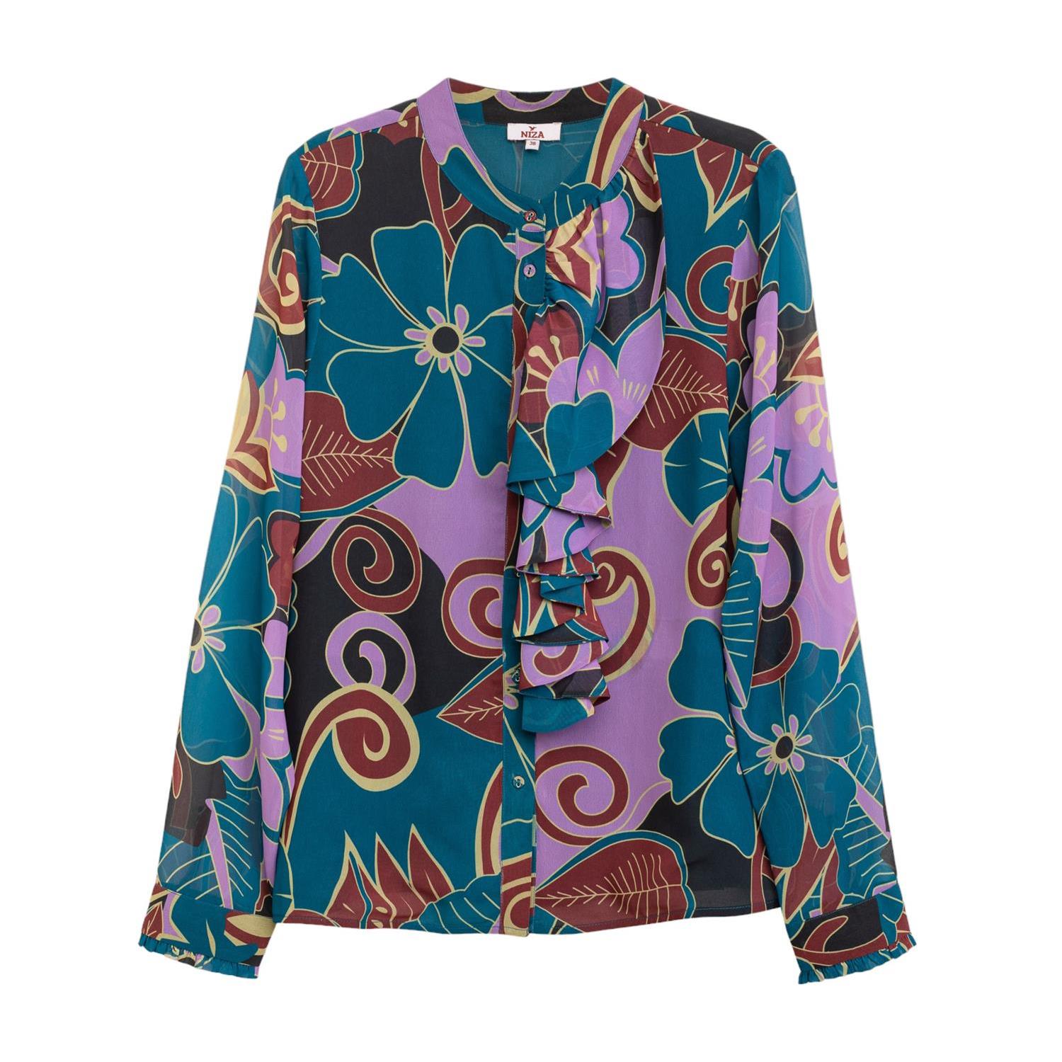 Niza Women's Blue Round Neck Shirt With Ruffle In Blue