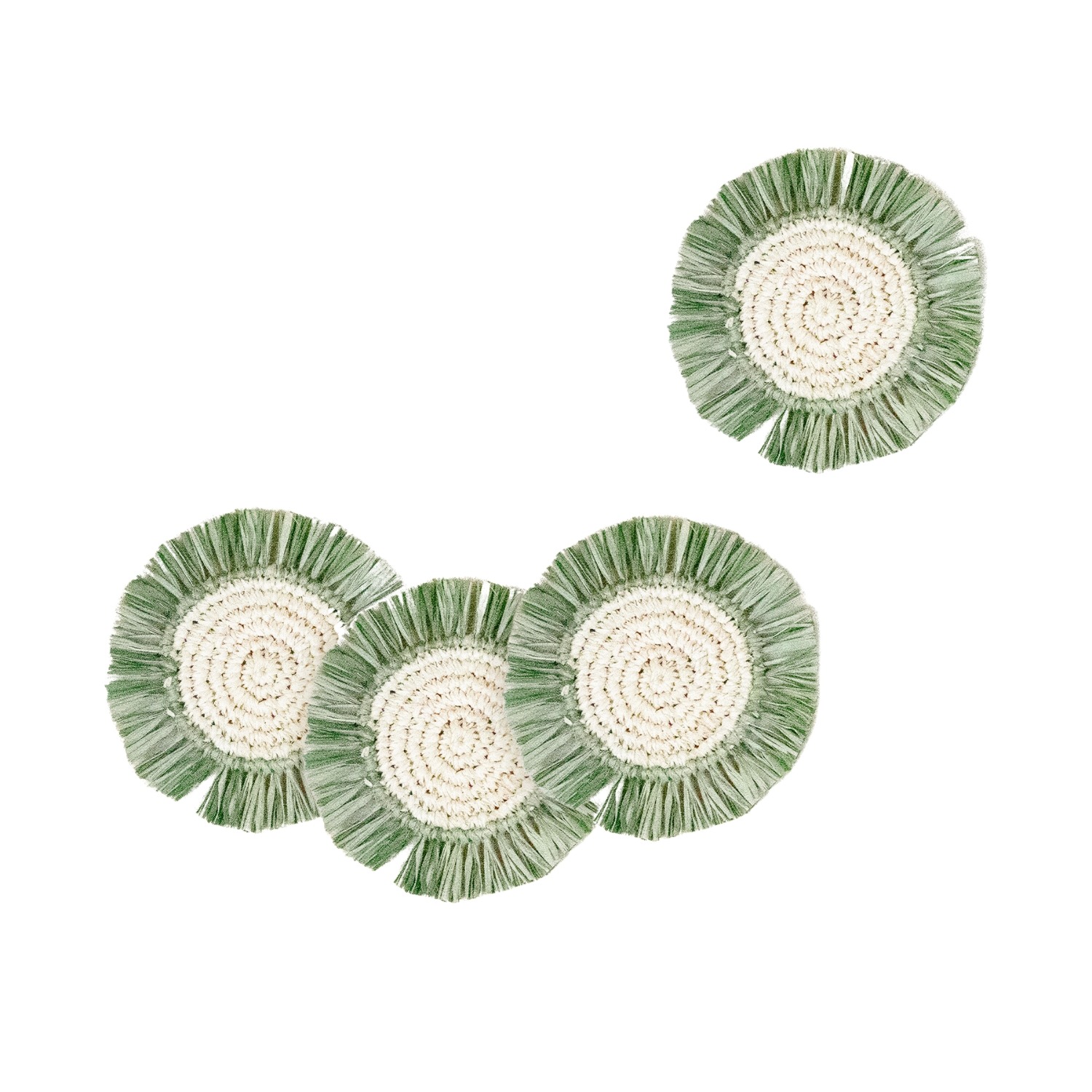 Set Of Four Sage Raffia Round Crochet Coasters With Fringe